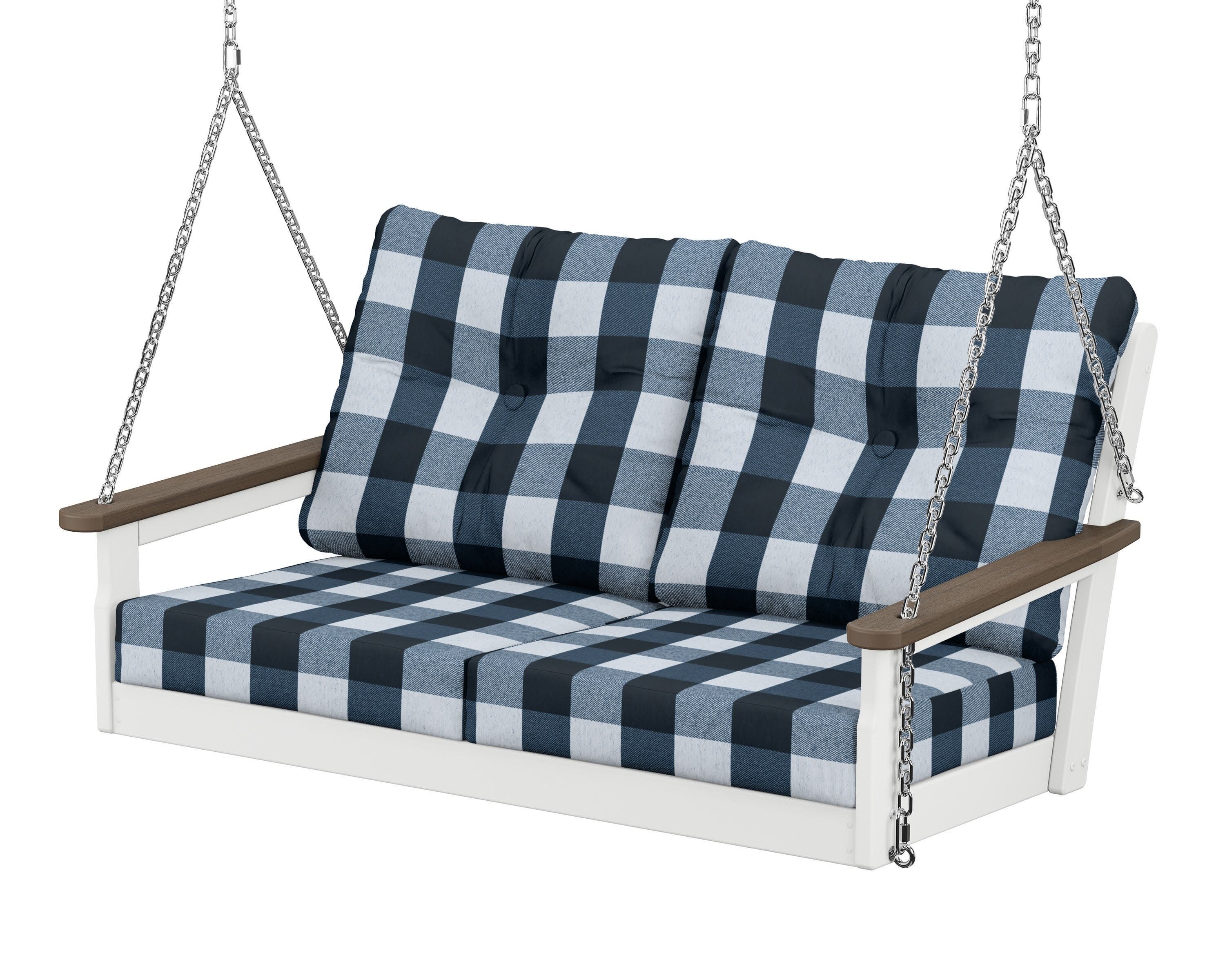 Vineyard Deep Seating Swing in White / Kona / Buffalo Plaid Marine Indigo