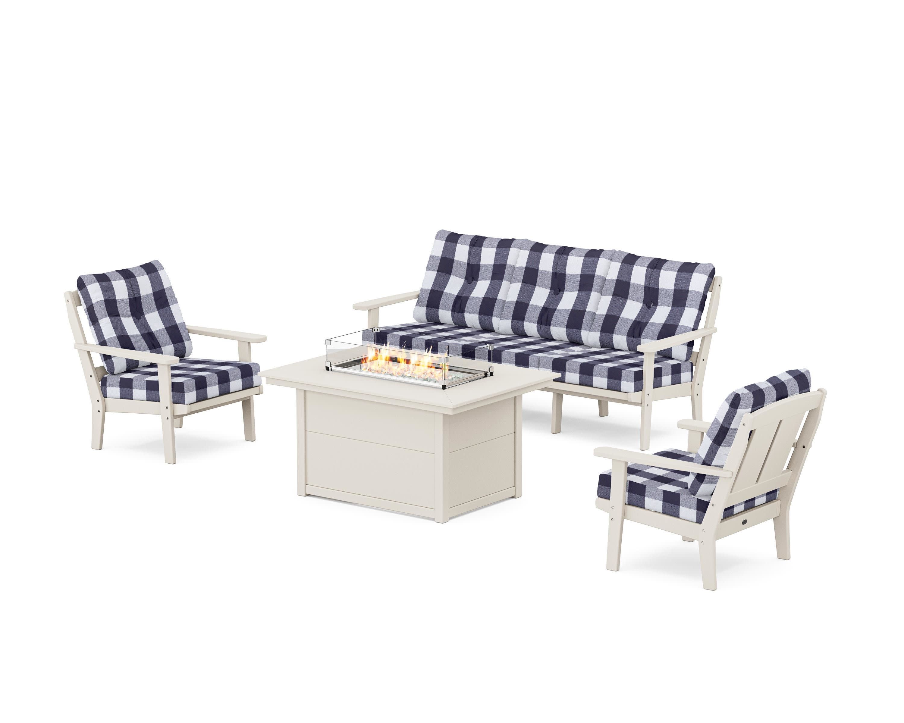 Mission Deep Seating Fire Pit Table Set in Sand / Buffalo Plaid Navy