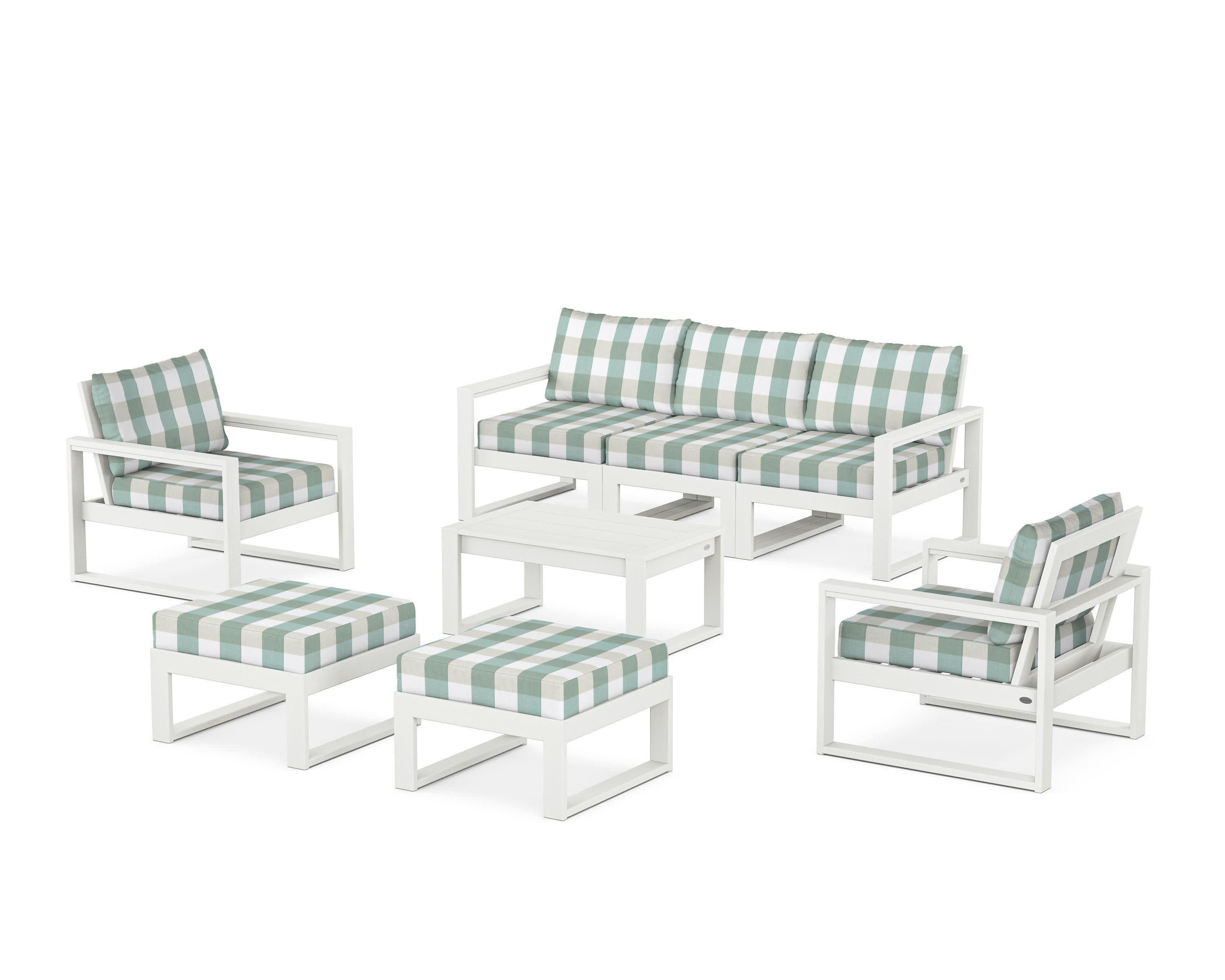 EDGE Sectional 8-Piece Lounge Sofa Set in Vintage White / Buffalo Plaid Glacier Spa