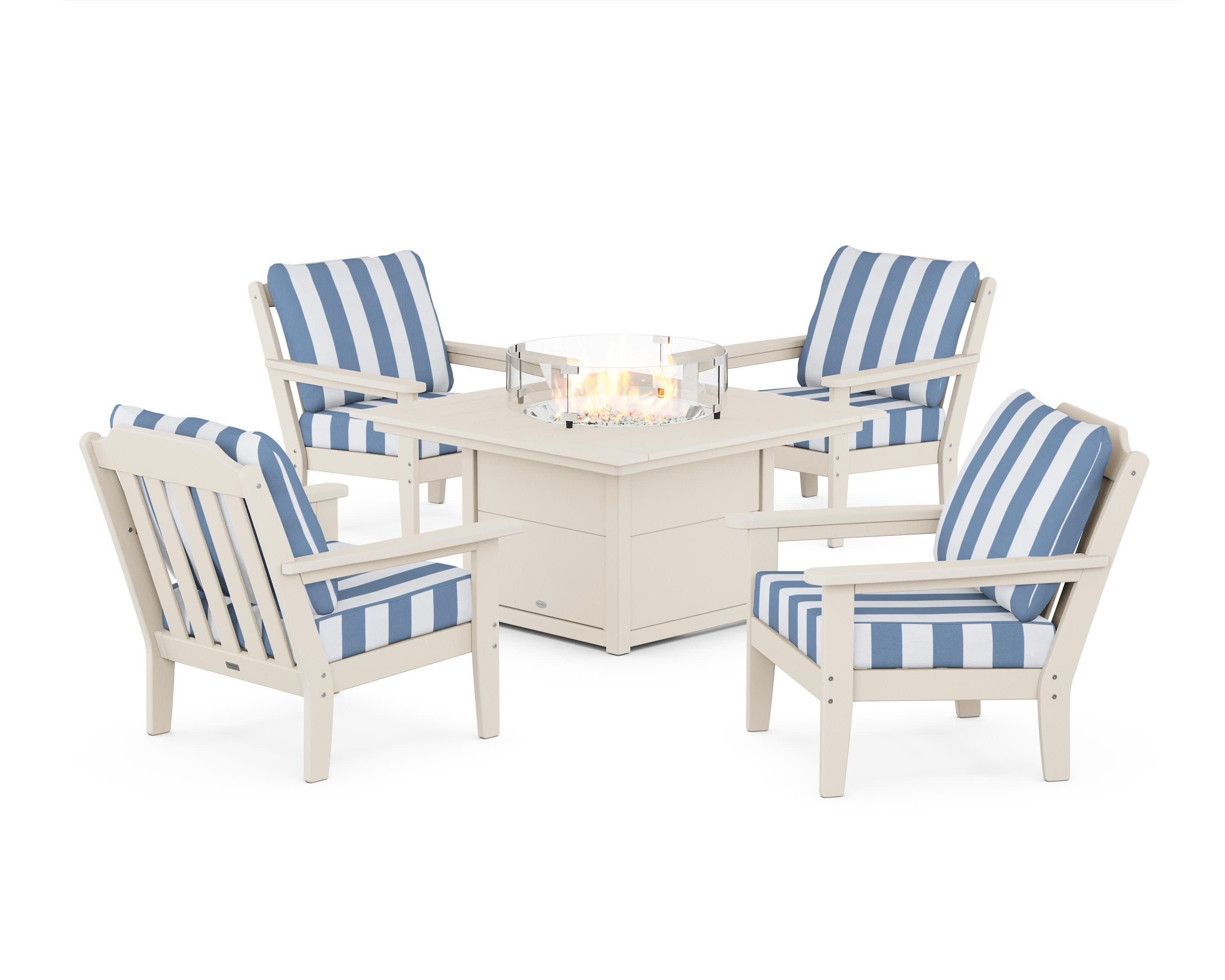 Cottage 5-Piece Deep Seating Set with Fire Pit Table in Sand / Cabana Stripe Sky Blue