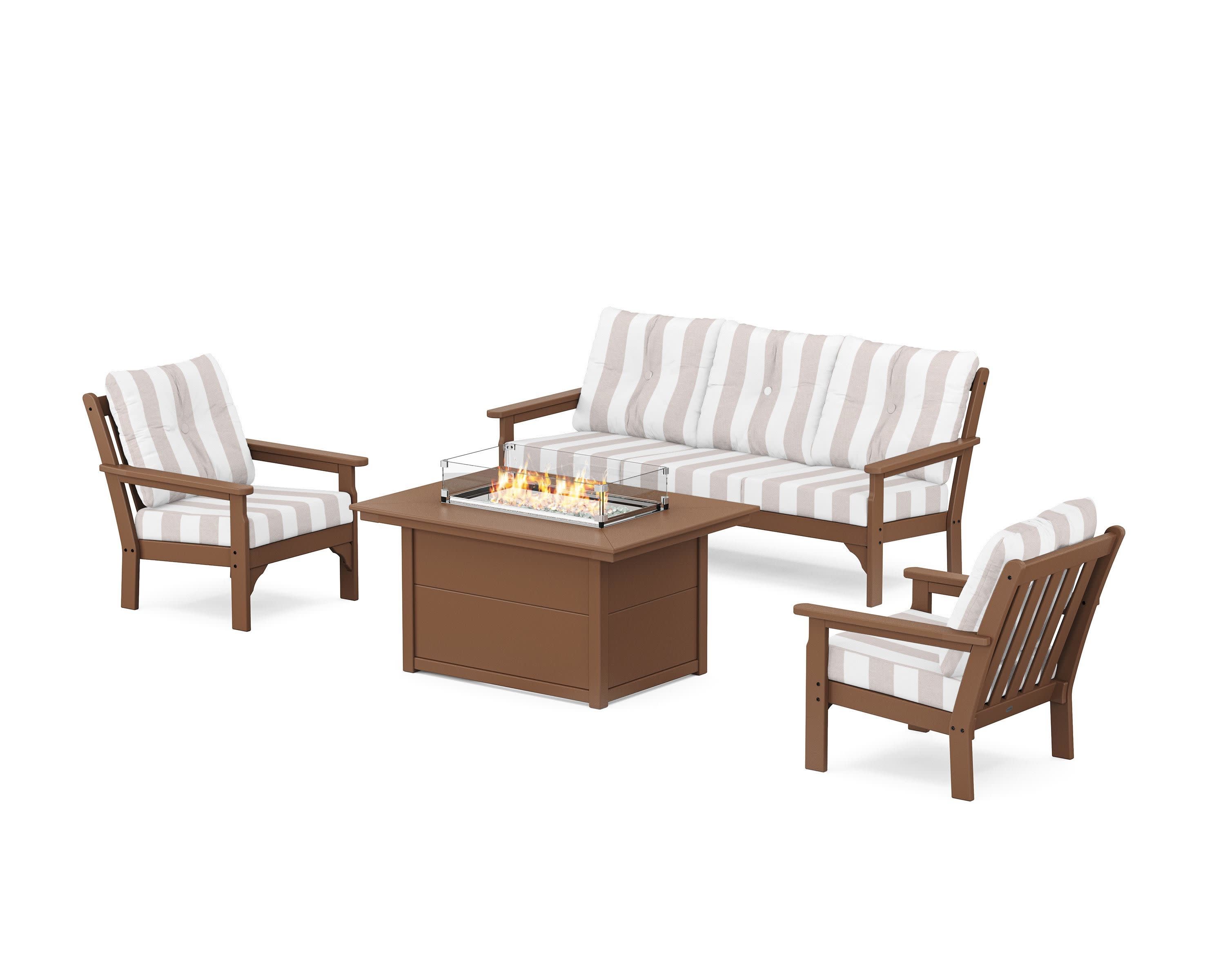 Vineyard Deep Seating Fire Pit Table Set in Teak / Cabana Stripe Dune Burlap