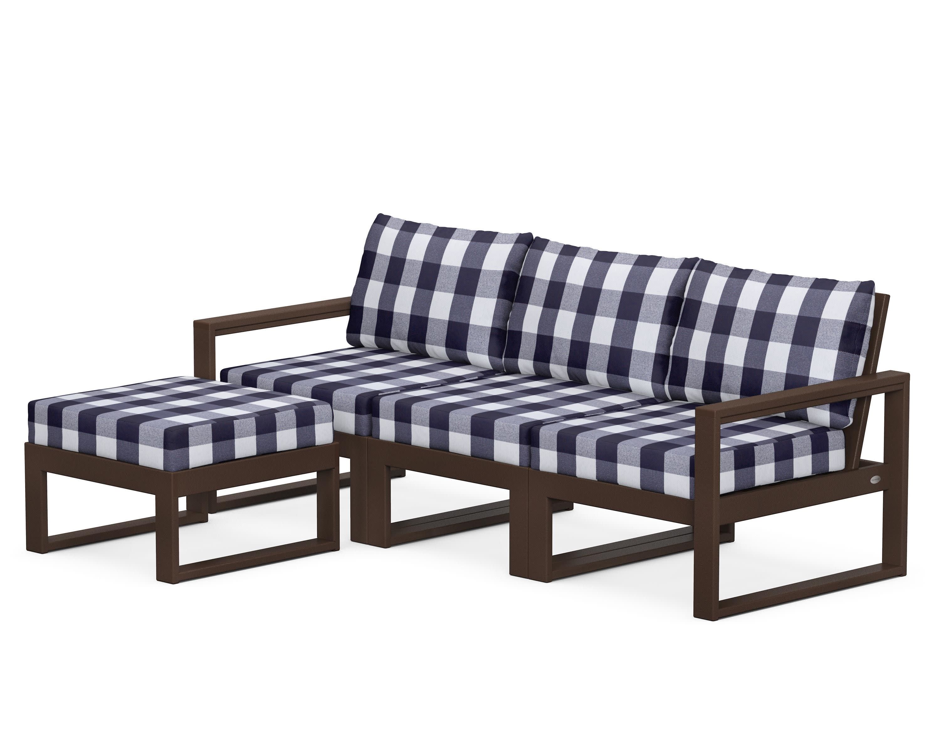 EDGE 4-Piece Modular Deep Seating Set with Ottoman in Mahogany / Buffalo Plaid Navy