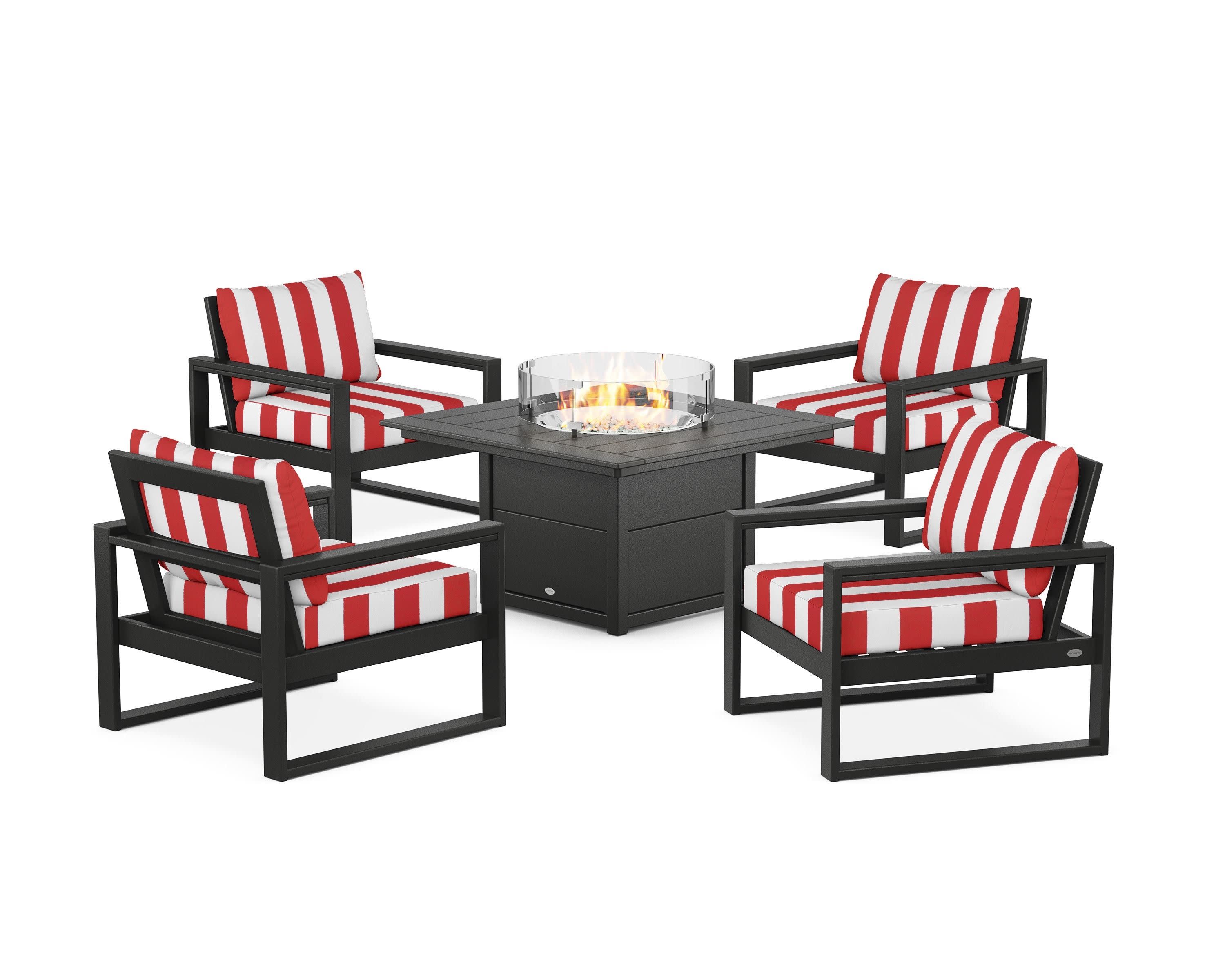 EDGE Sectional 5-Piece Deep Seating Set with Fire Pit Table in Black / Cabana Stripe Crimson