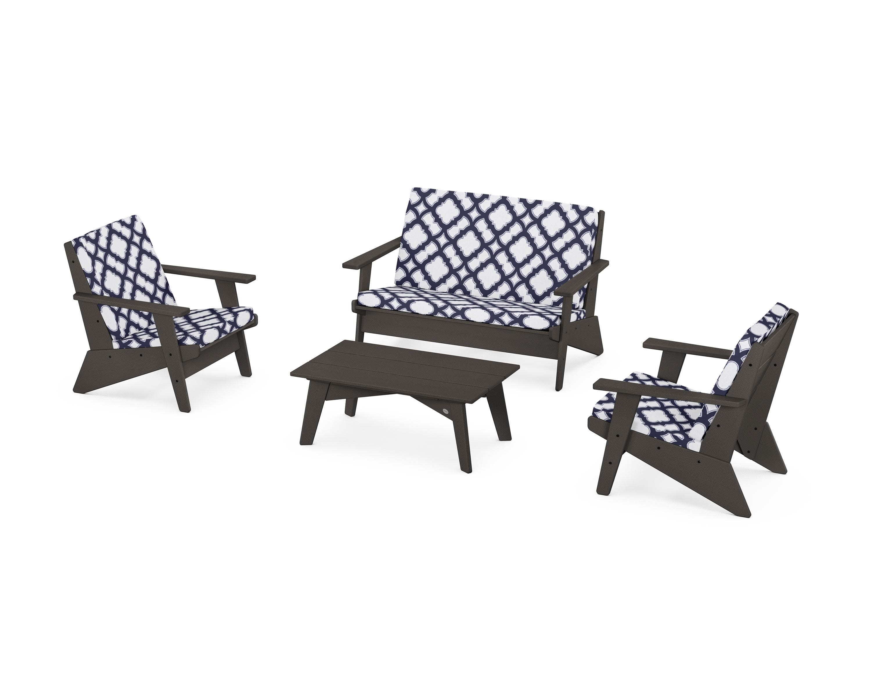 Riviera Modern Lounge 4-Piece Set in Vintage Coffee / Trellis Navy