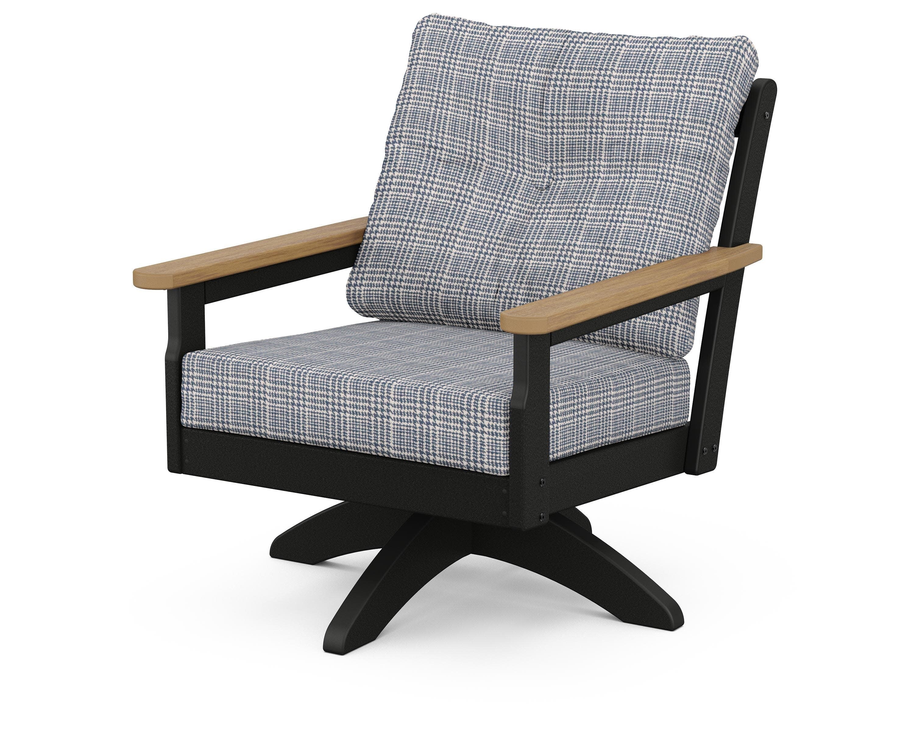 Vineyard Deep Seating Swivel Chair in Black / Natural / Houndstooth Sky Blue