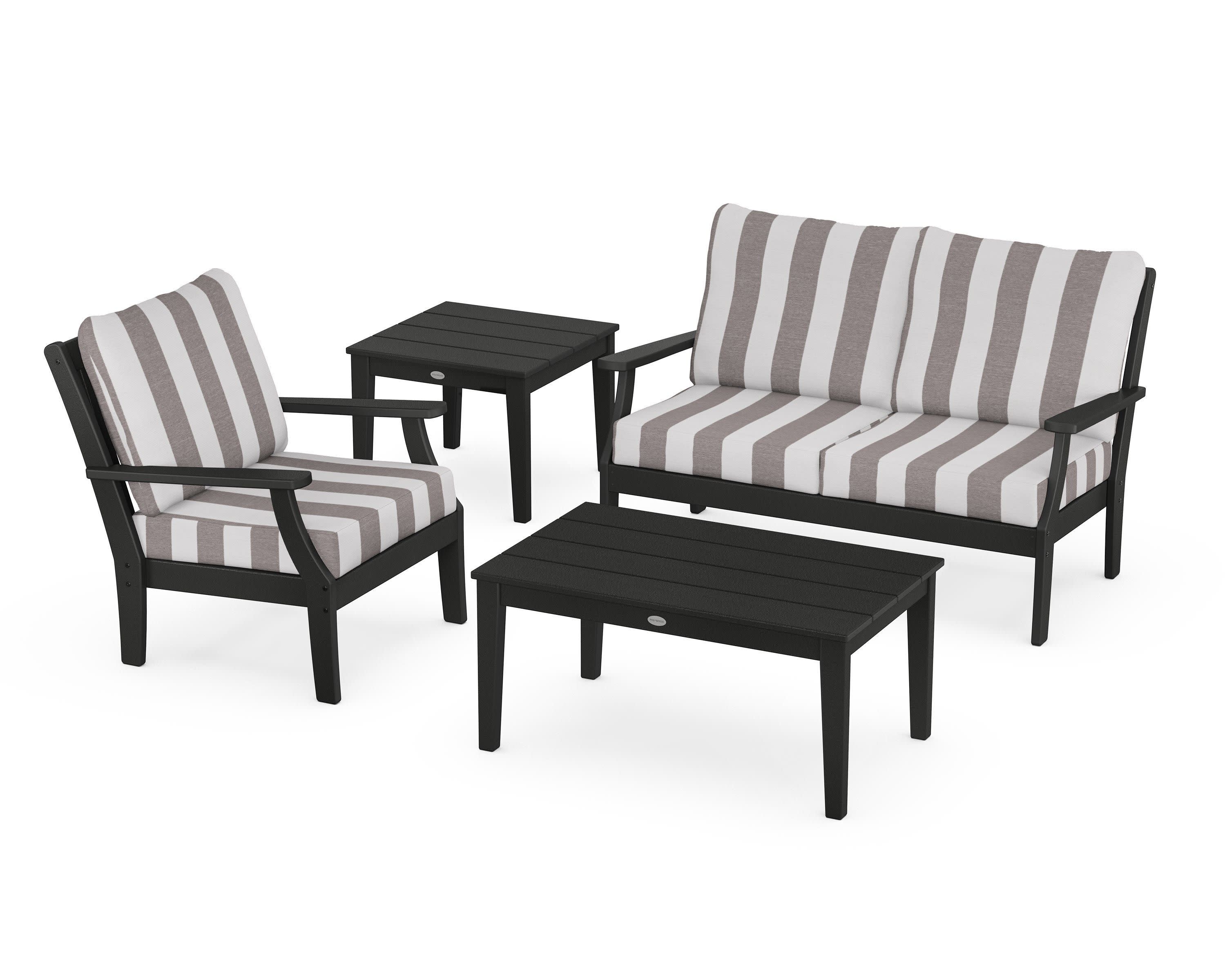 Braxton 4-Piece Deep Seating Set in Black / Cabana Stripe Grey Mist