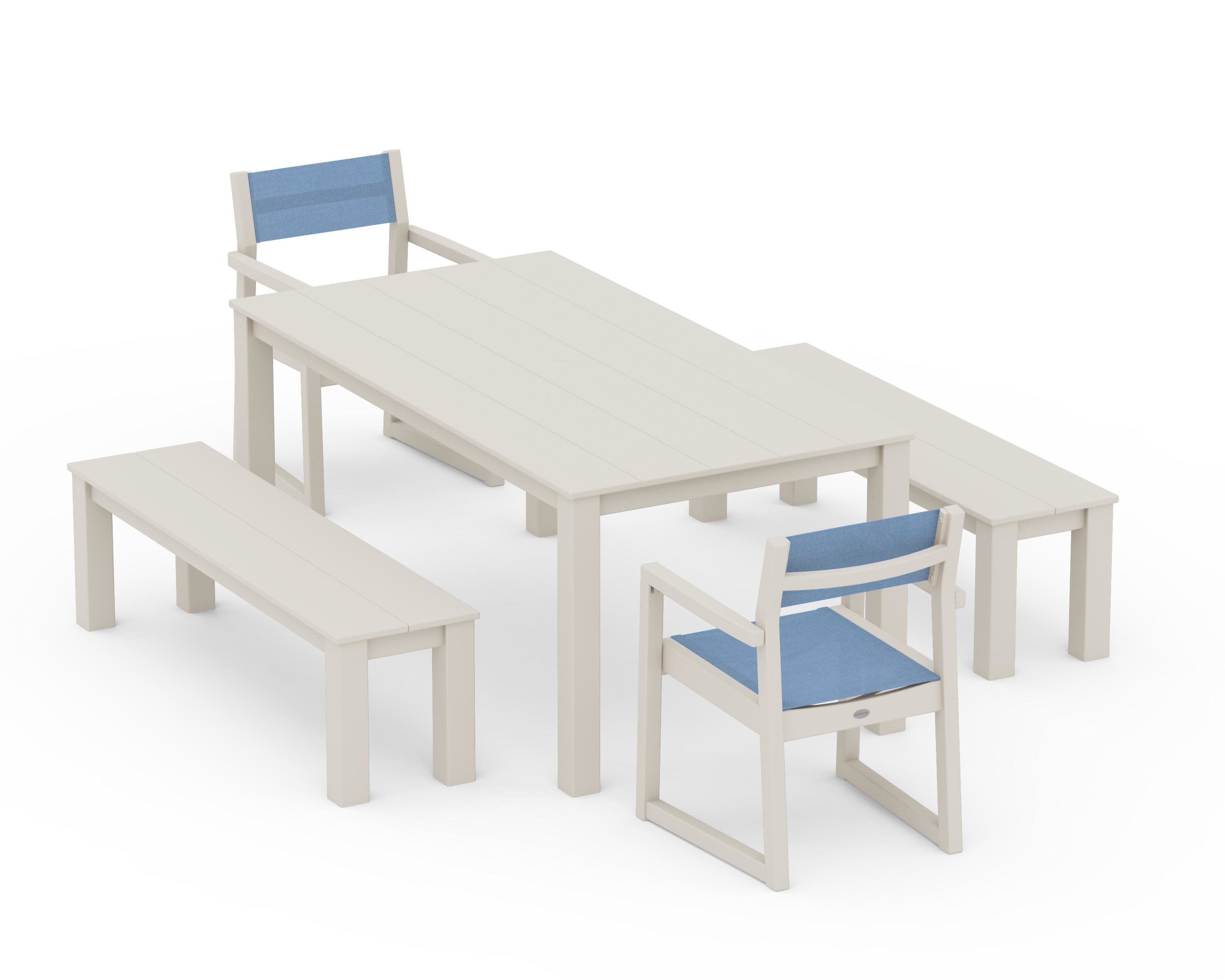 EDGE Sling Arm Chair 5-Piece Parsons Dining Set with Benches in Sand / Poolside Sling