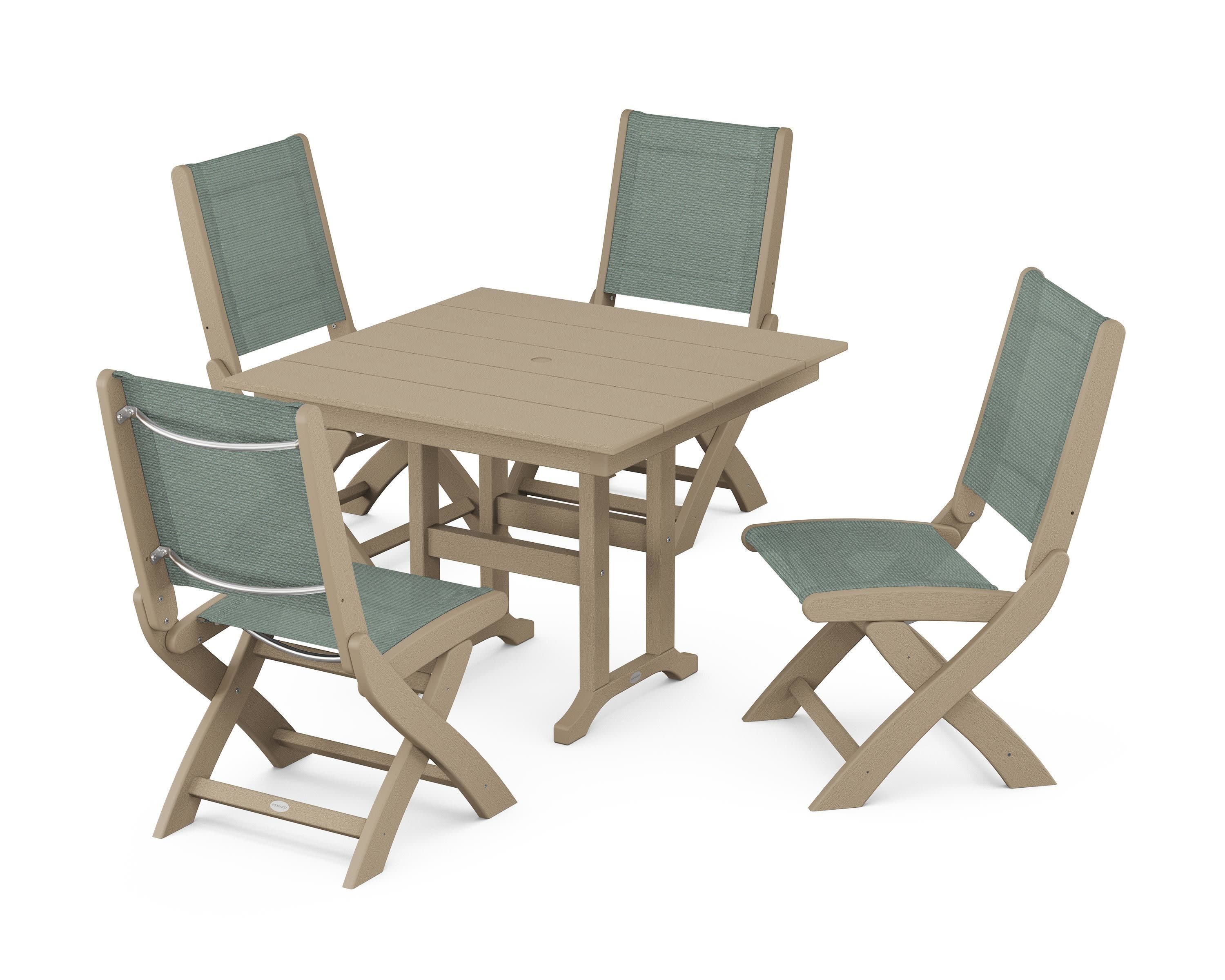 Coastal Folding Side Chair 5-Piece Farmhouse Dining Set in Vintage Sahara / Dupioni Sea Mist Sling