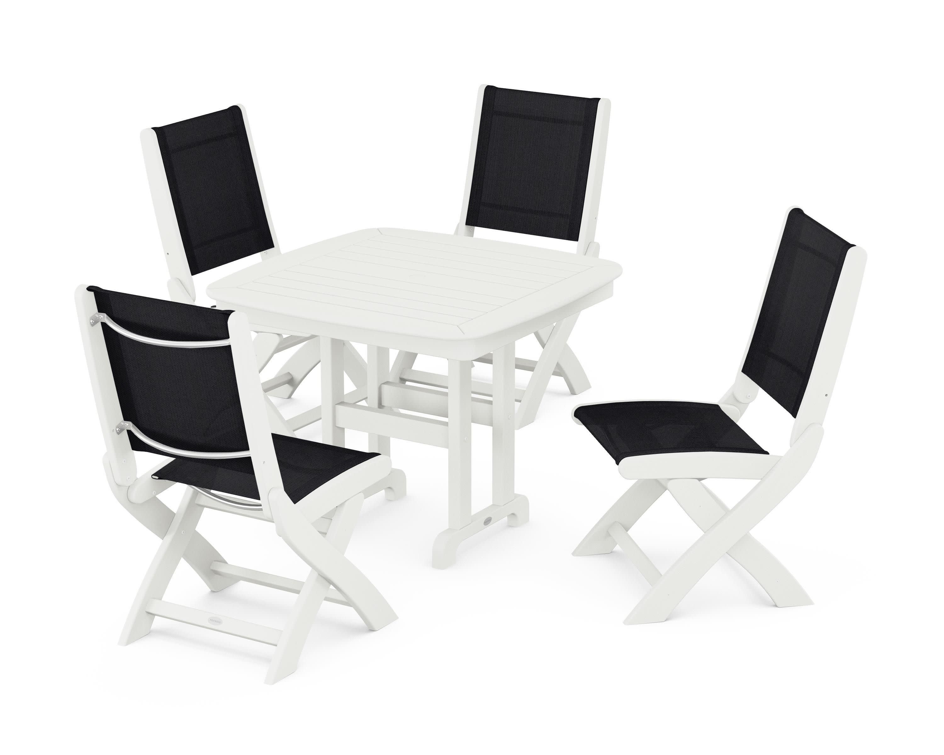 Coastal Folding Side Chair 5-Piece Dining Set in Vintage White / Black Sling
