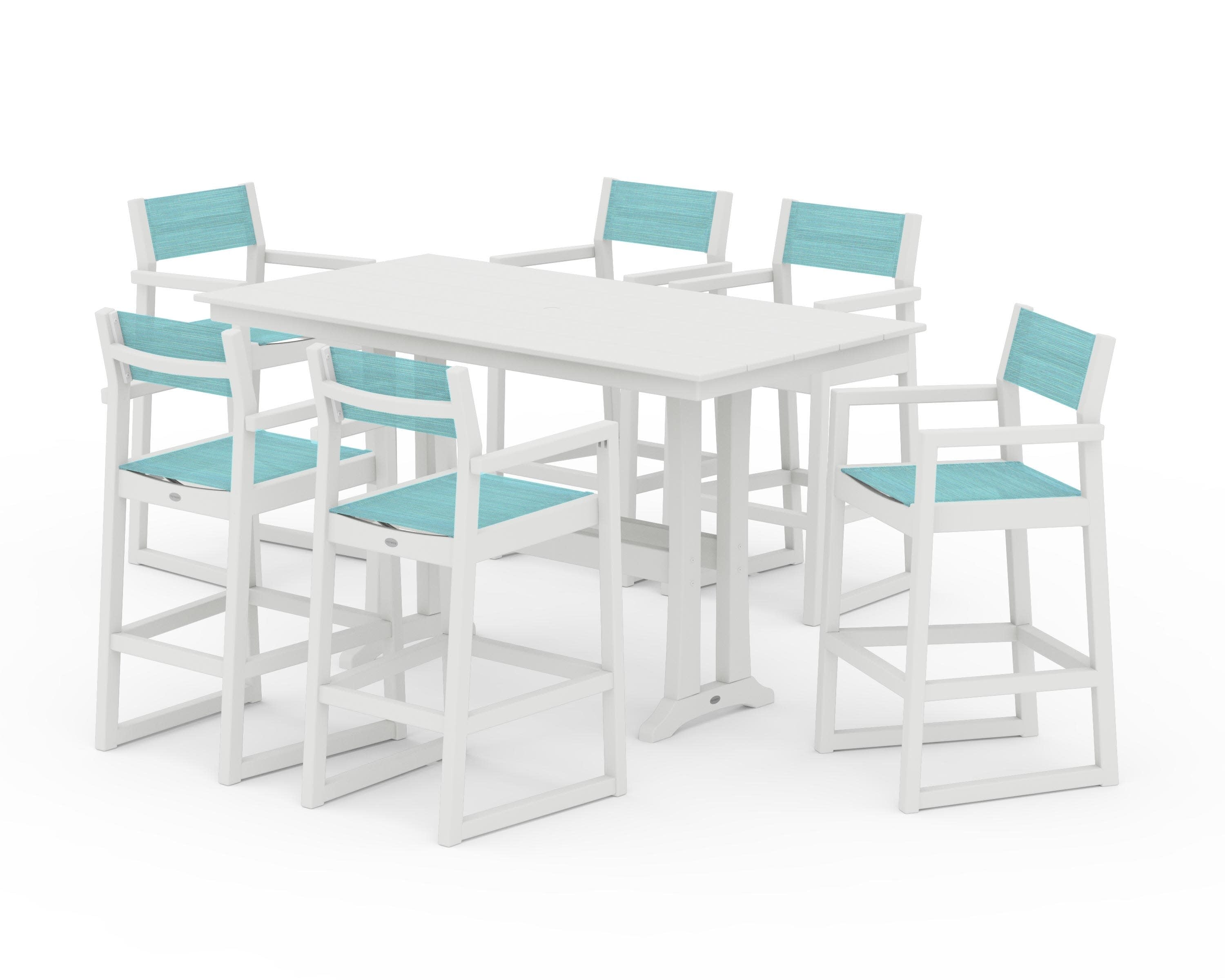 EDGE Sling Arm Chair 7-Piece Farmhouse Bar Set with Trestle Legs in Vintage White / Dupioni Aquamarine Sling
