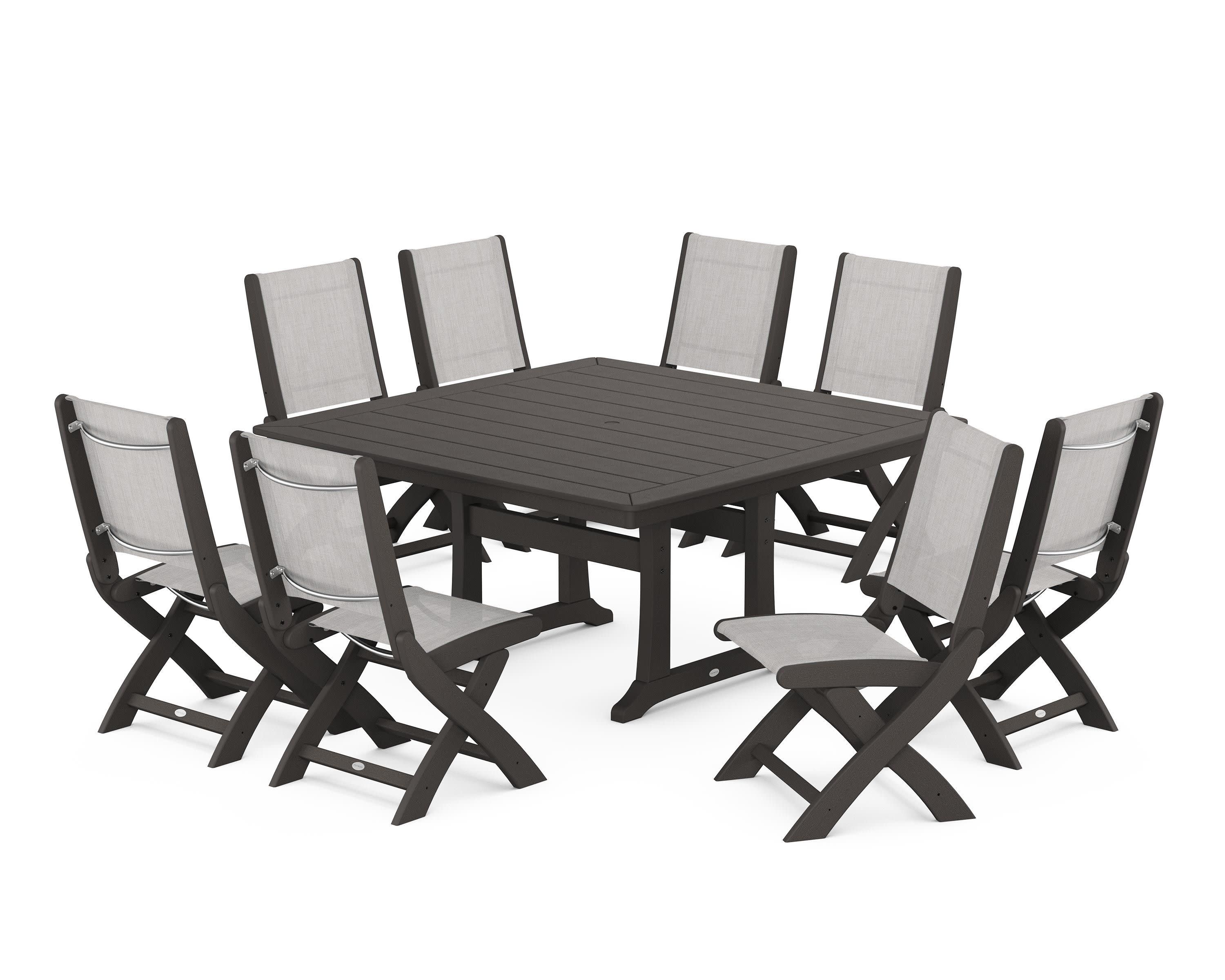 Coastal Folding Side Chair 9-Piece Dining Set with Trestle Legs in Vintage Coffee / Parchment Sling