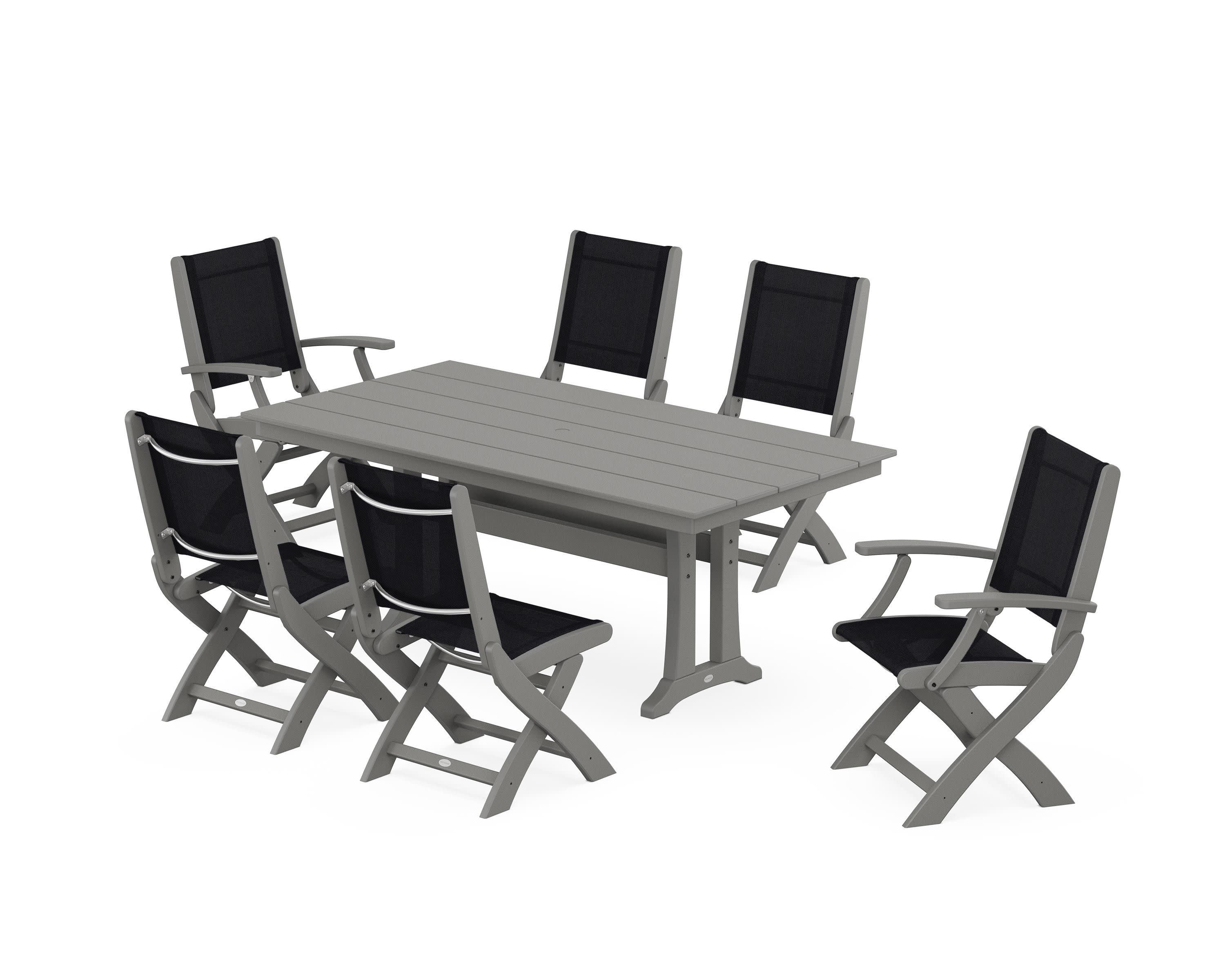 Coastal Folding Chair 7-Piece Farmhouse Dining Set with Trestle Legs in Slate Grey / Black Sling
