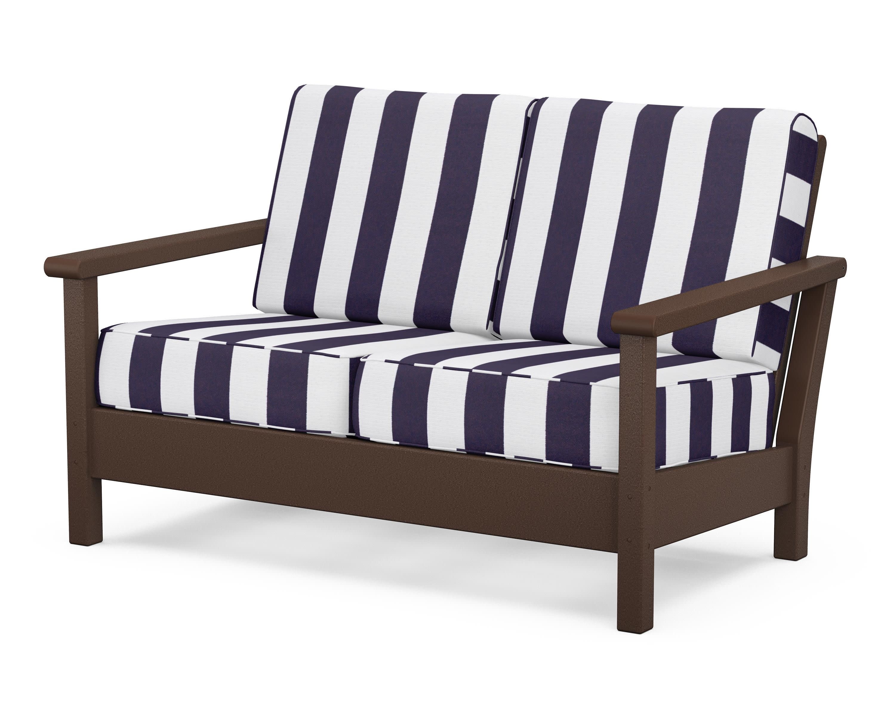 Harbour Deep Seating Loveseat in Mahogany / Cabana Stripe Navy