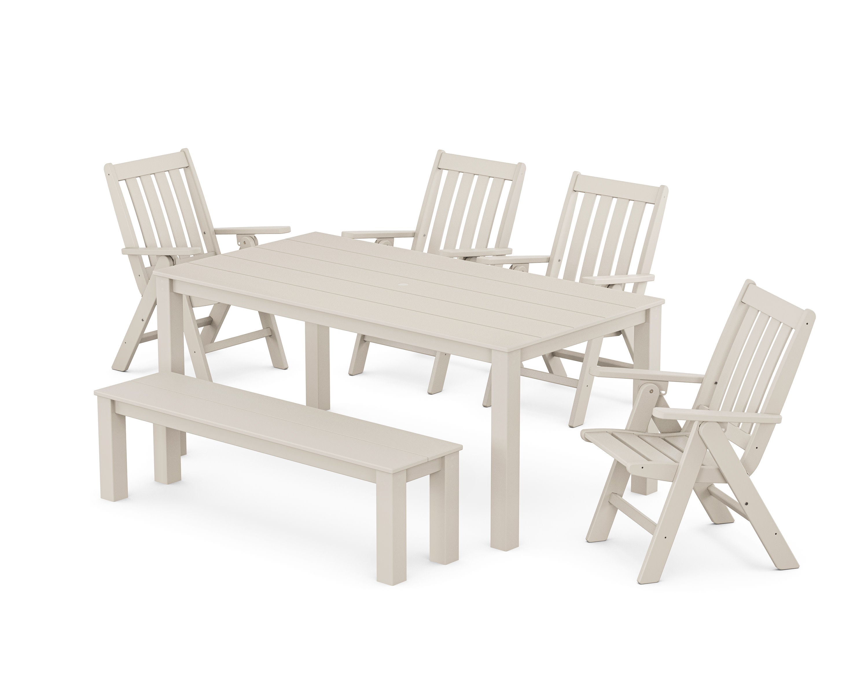 Vineyard Folding Chair 6-Piece Parsons Dining Set with Bench in Sand