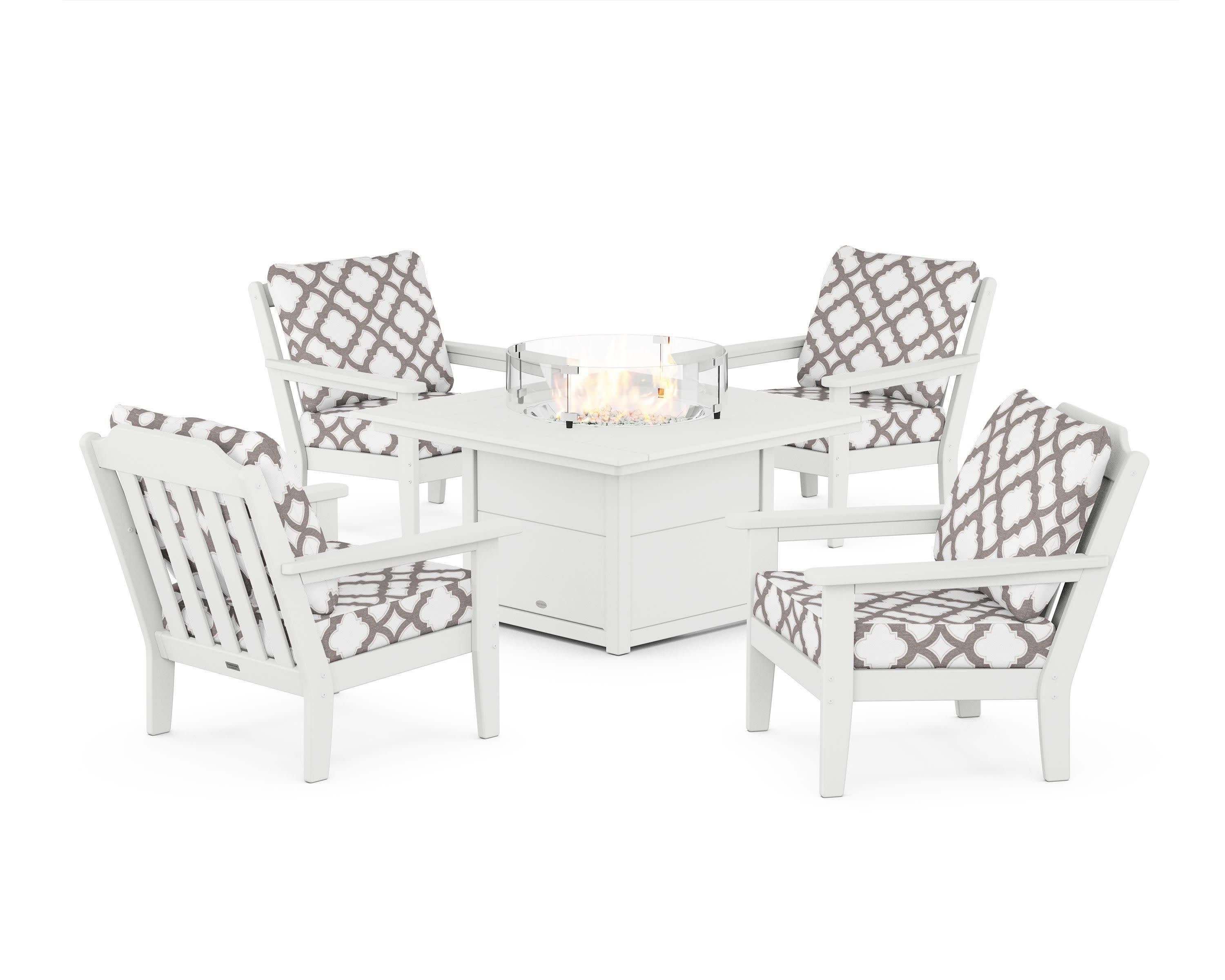 Cottage 5-Piece Deep Seating Set with Fire Pit Table in White / Trellis Grey Mist