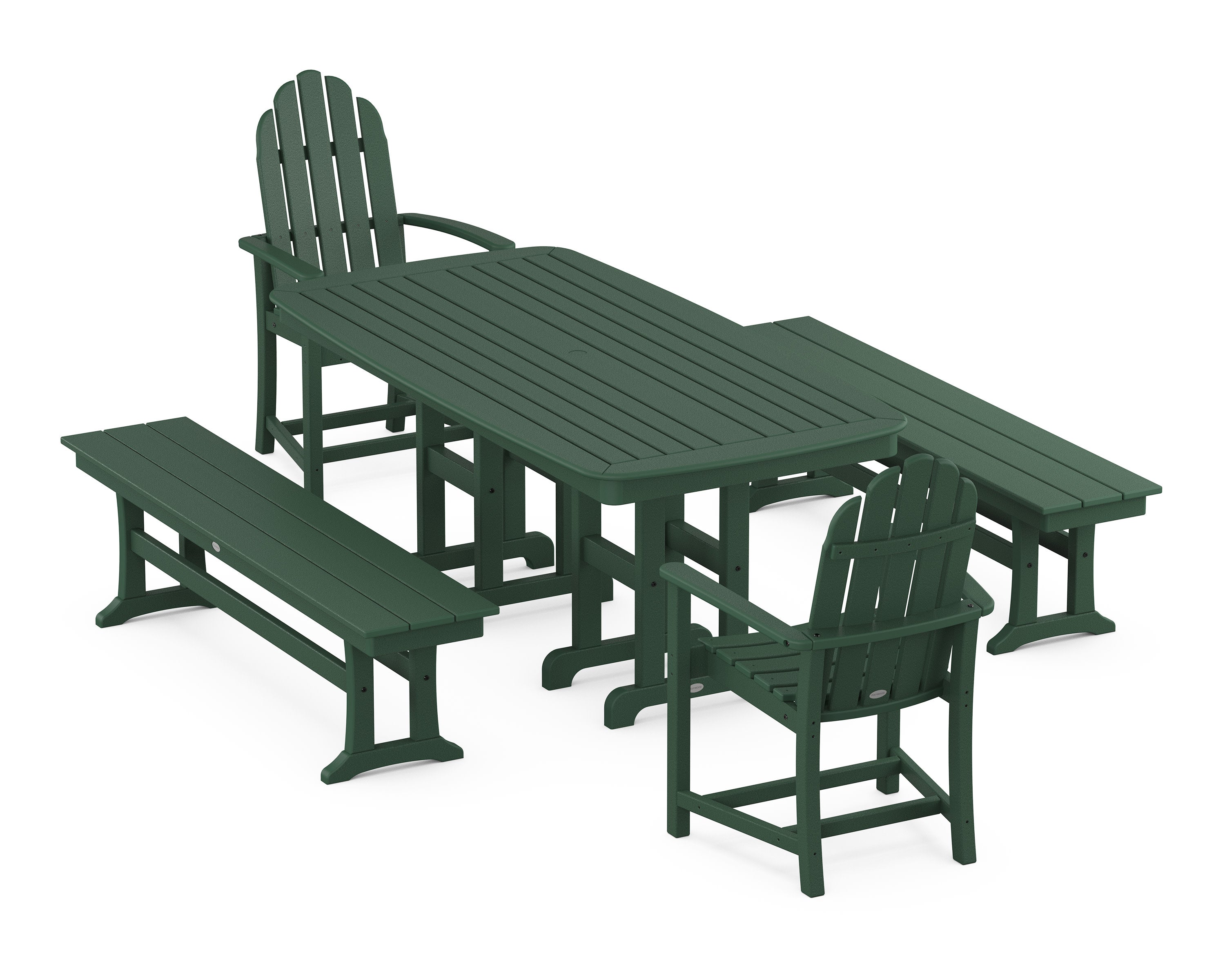 Classic Adirondack 5-Piece Dining Set with Benches in Green