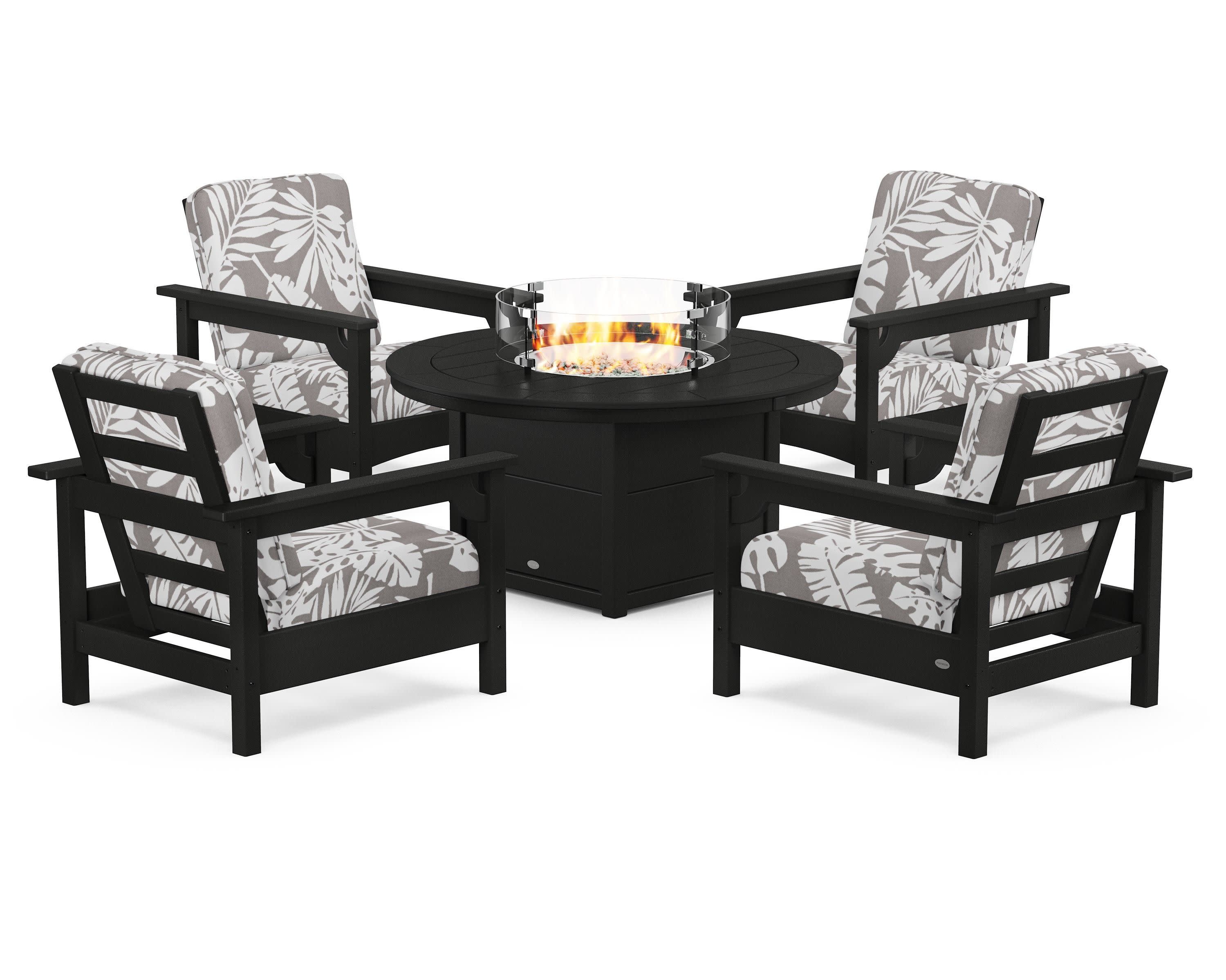 Club 5-Piece Conversation Set with Fire Pit Table in Black / Leaf Grey Mist