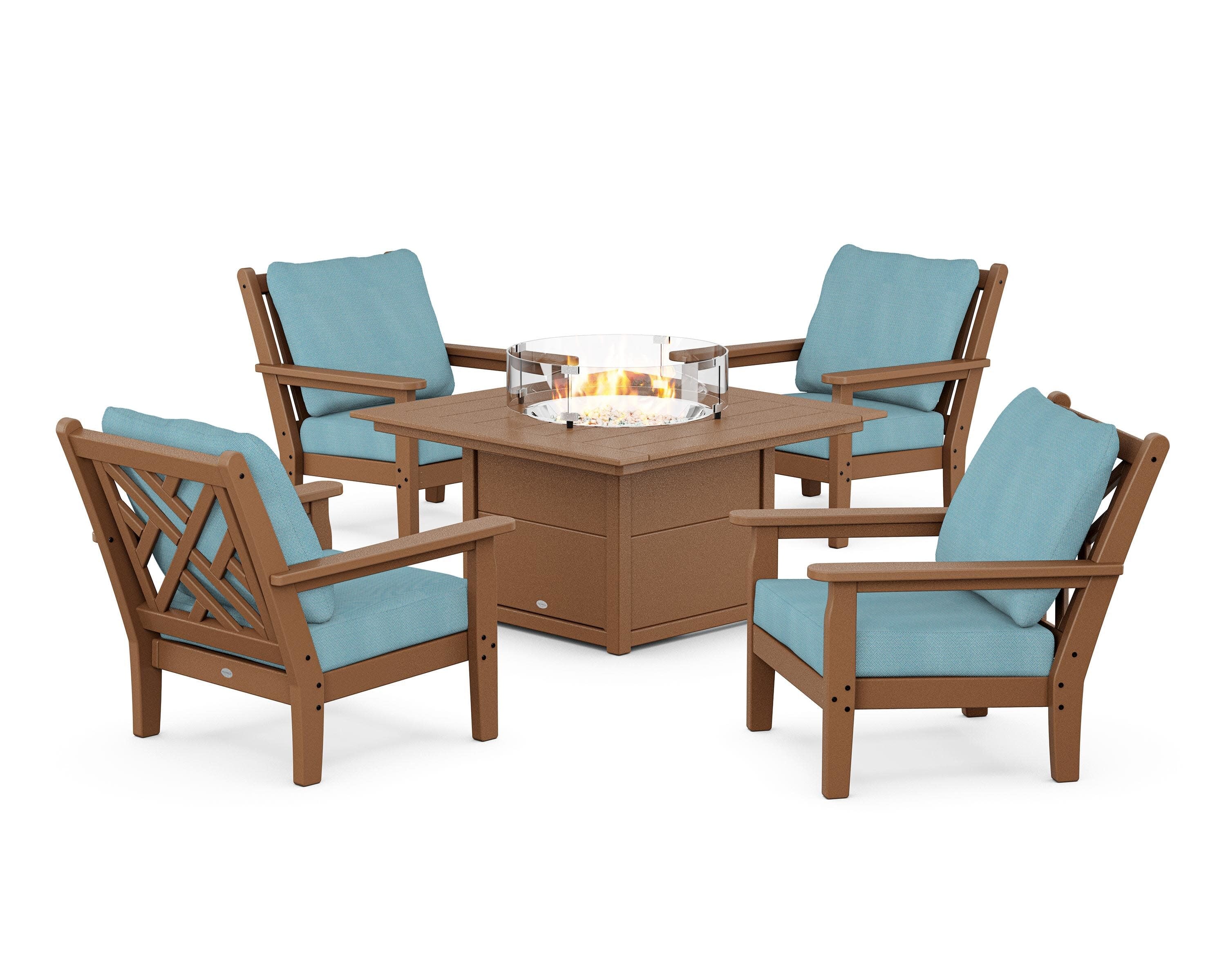Chippendale 5-Piece Deep Seating Set with Fire Pit Table in Teak / Lattice Sky Blue