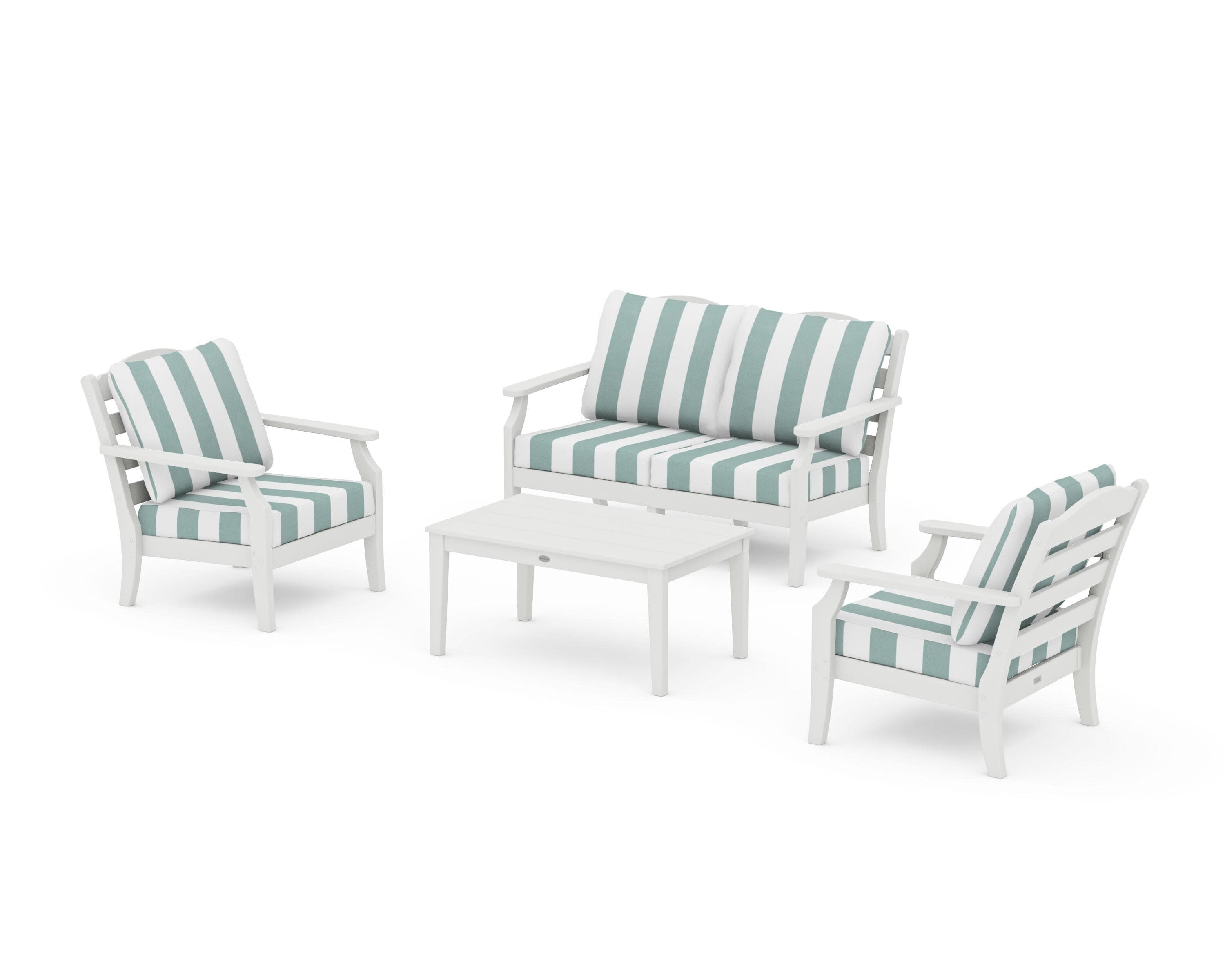 Savannah 4-Piece Deep Seating Set with Loveseat in Vintage White / Cabana Stripe Glacier Spa