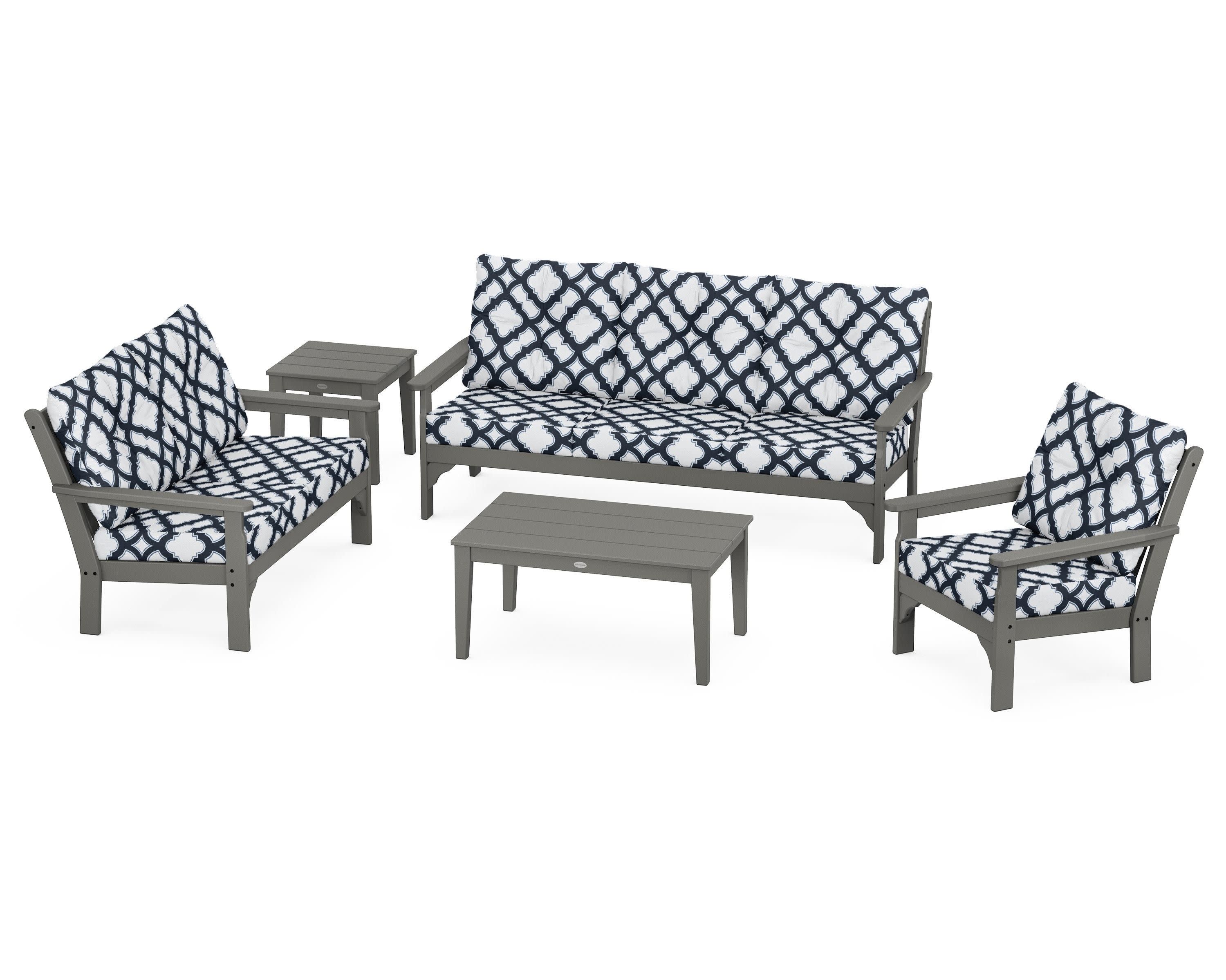 Vineyard 5 Piece Deep Seating Set in Slate Grey / Trellis Marine Indigo