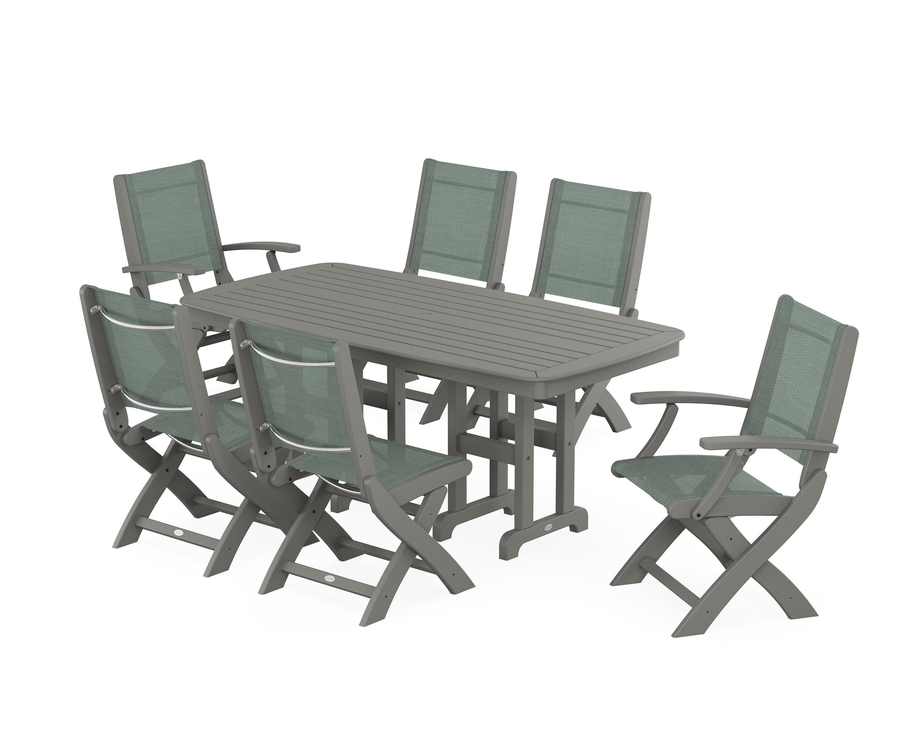 Coastal Folding Chair 7-Piece Dining Set in Slate Grey / Dupioni Sea Mist Sling