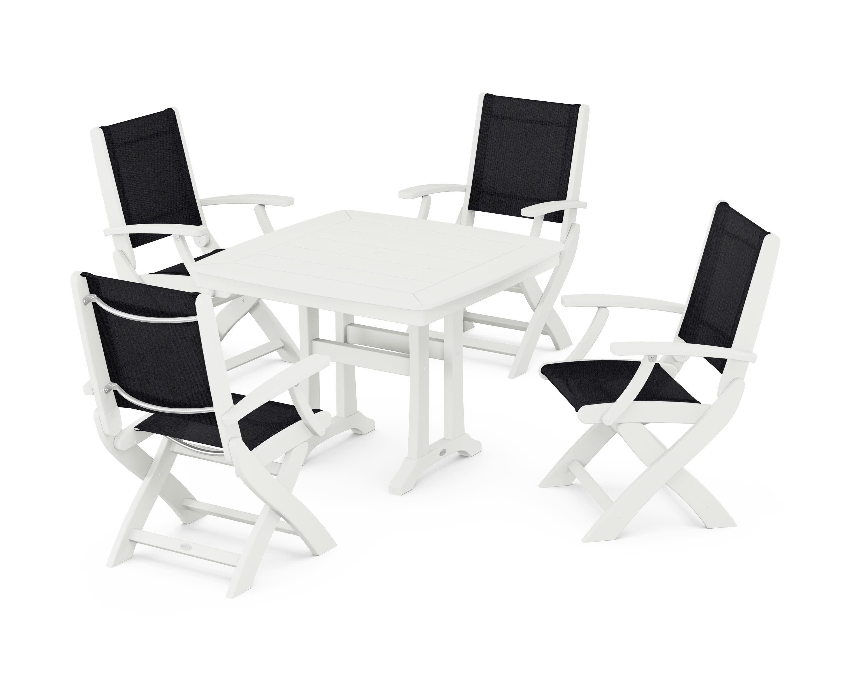 Coastal Folding Chair 5-Piece Dining Set with Trestle Legs in Vintage White / Black Sling