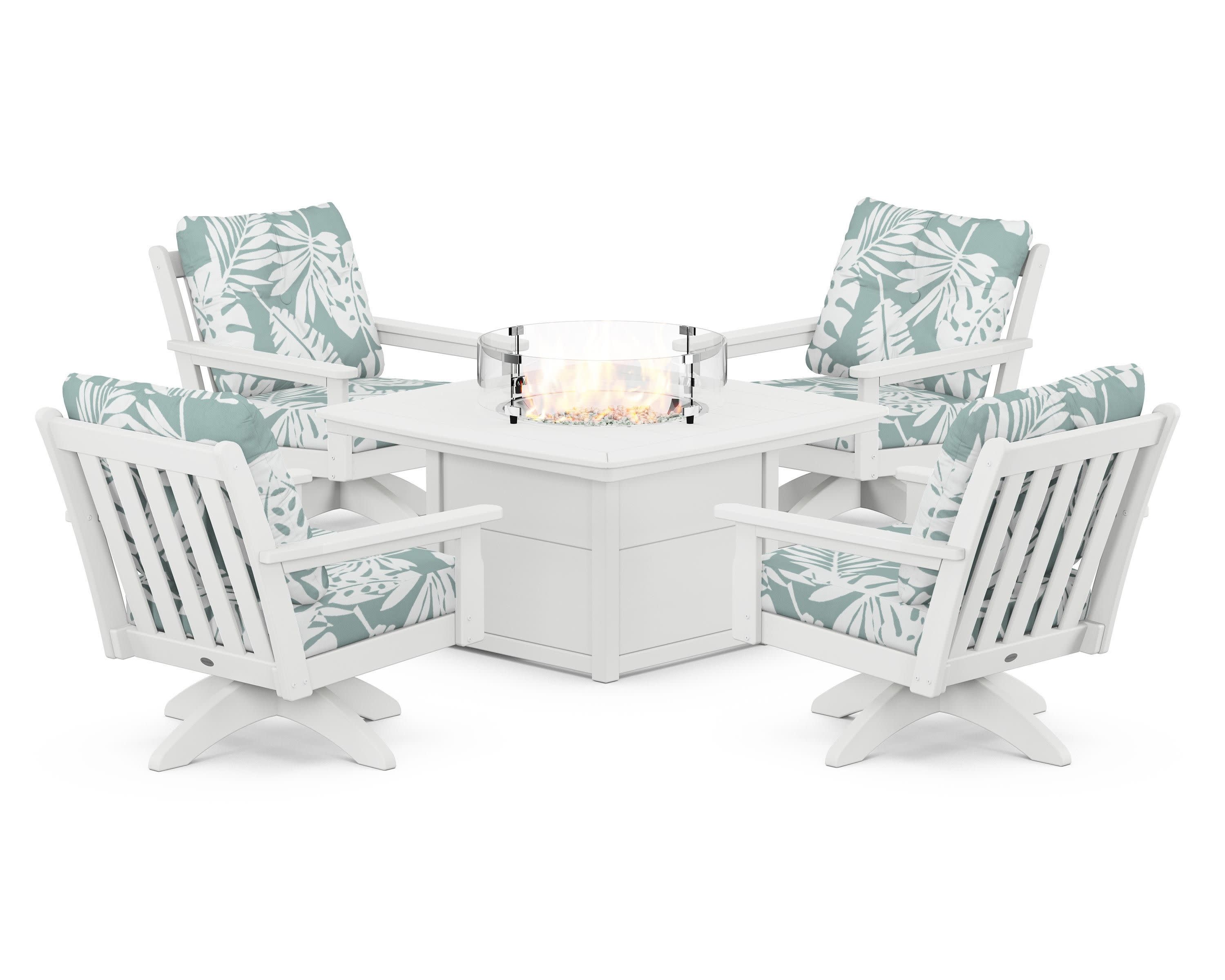 Vineyard 5-Piece Deep Seating Swivel Conversation Set with Fire Pit Table in White / Leaf Glacier Spa