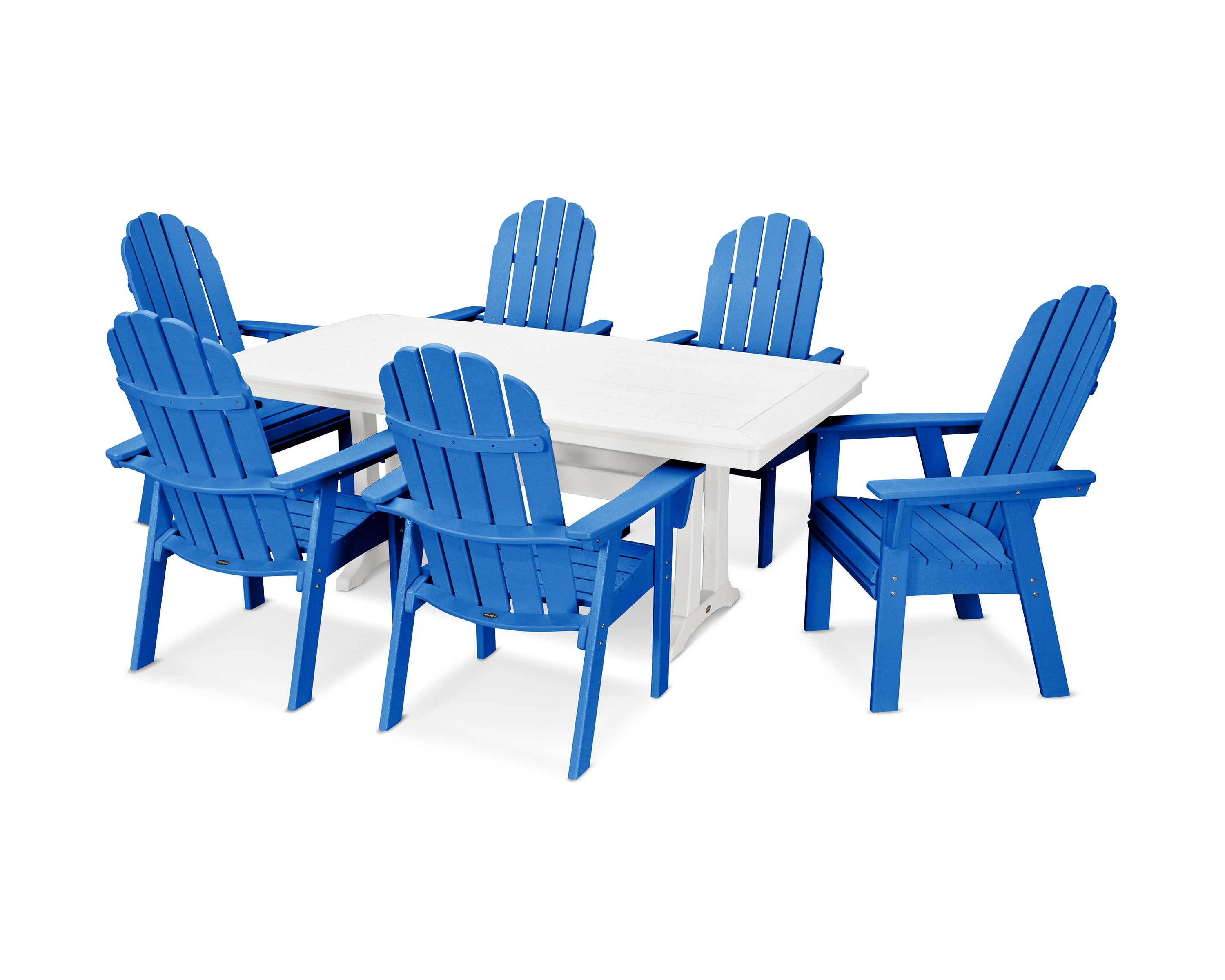 Vineyard Curveback Adirondack 7-Piece Dining Set with Trestle Legs in Pacific Blue / White