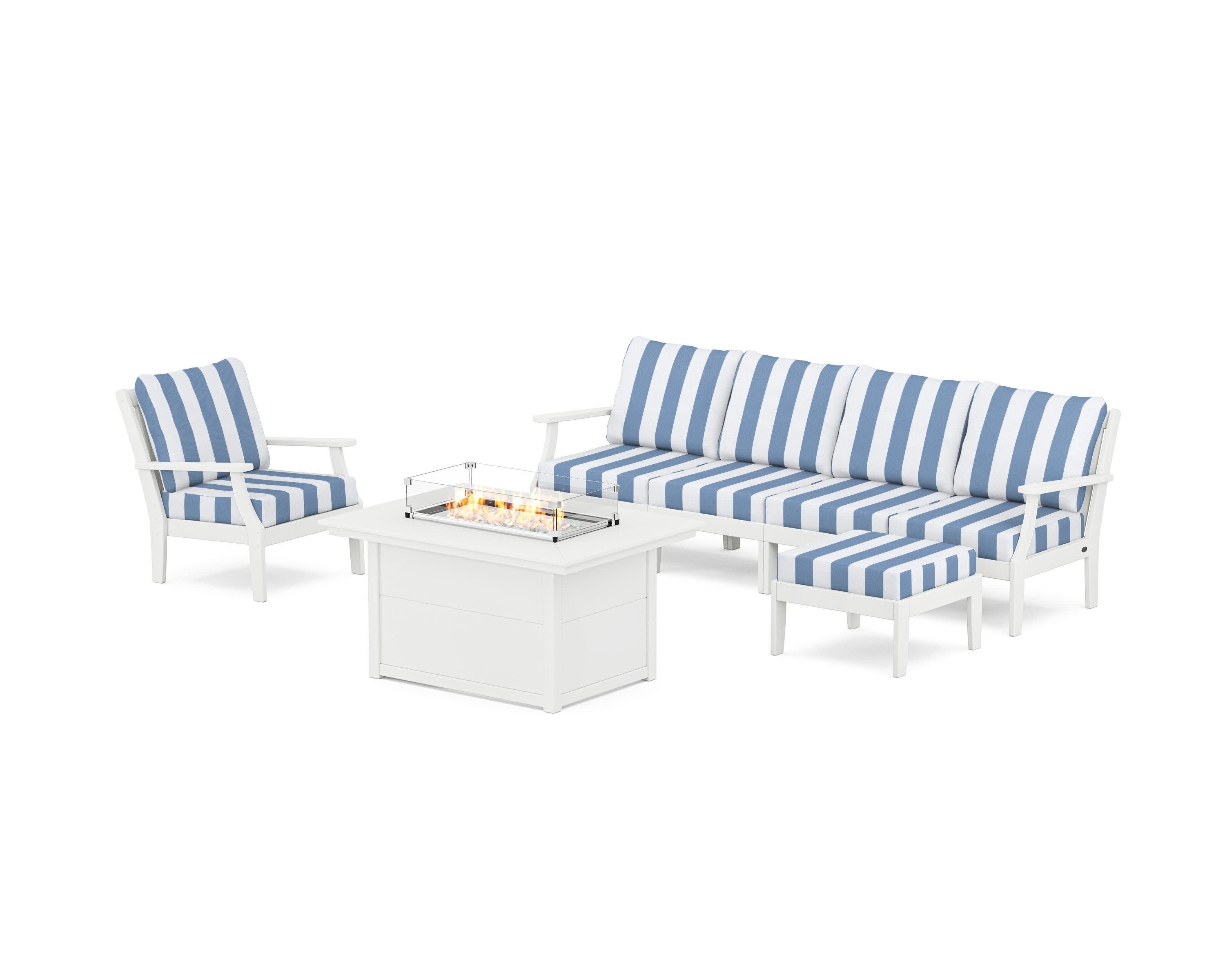 Braxton Sectional Lounge and Fire Pit Set in White / Cabana Stripe Sky Blue