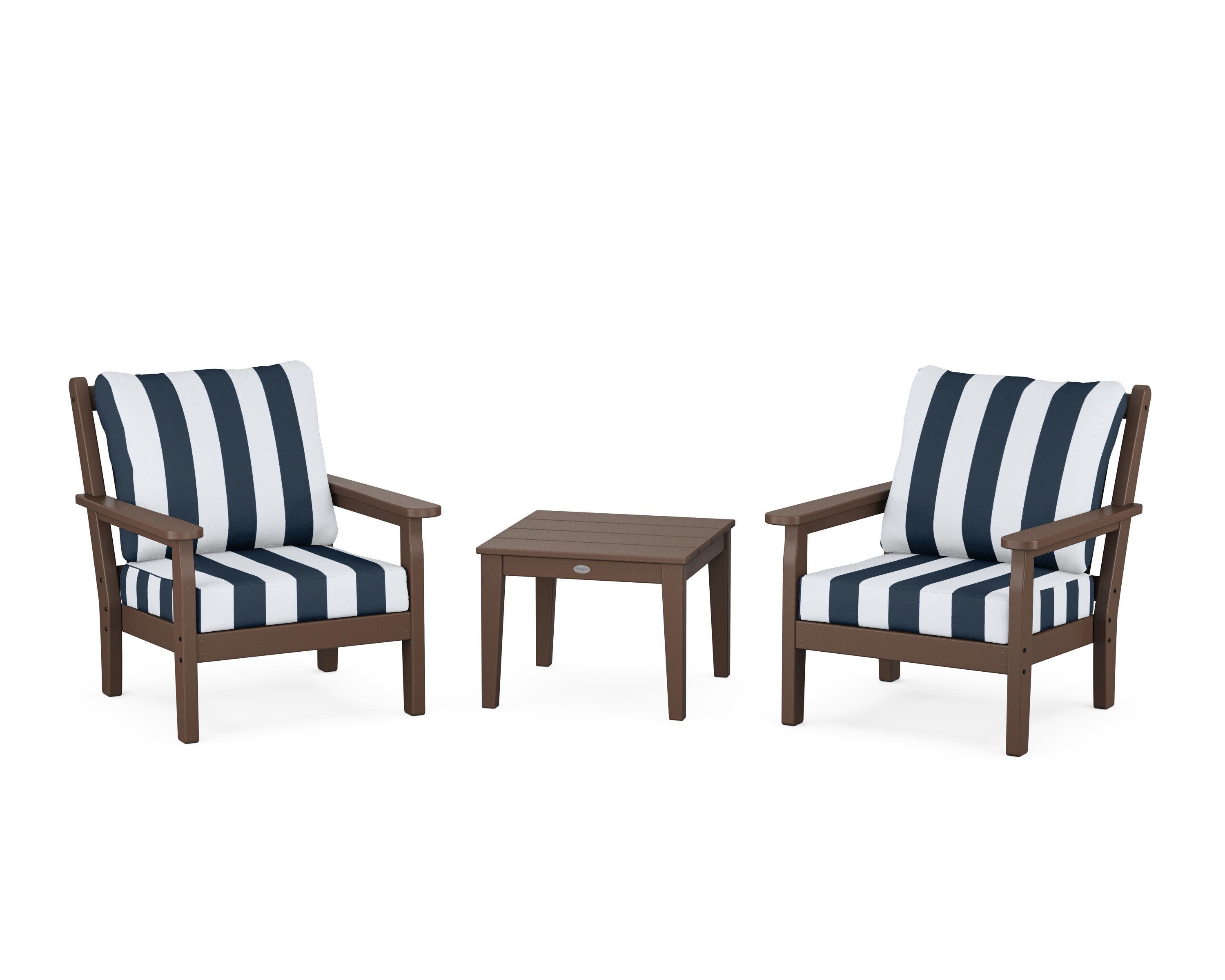 Chippendale 3-Piece Deep Seating Set in Mahogany / Cabana Stripe Marine Indigo