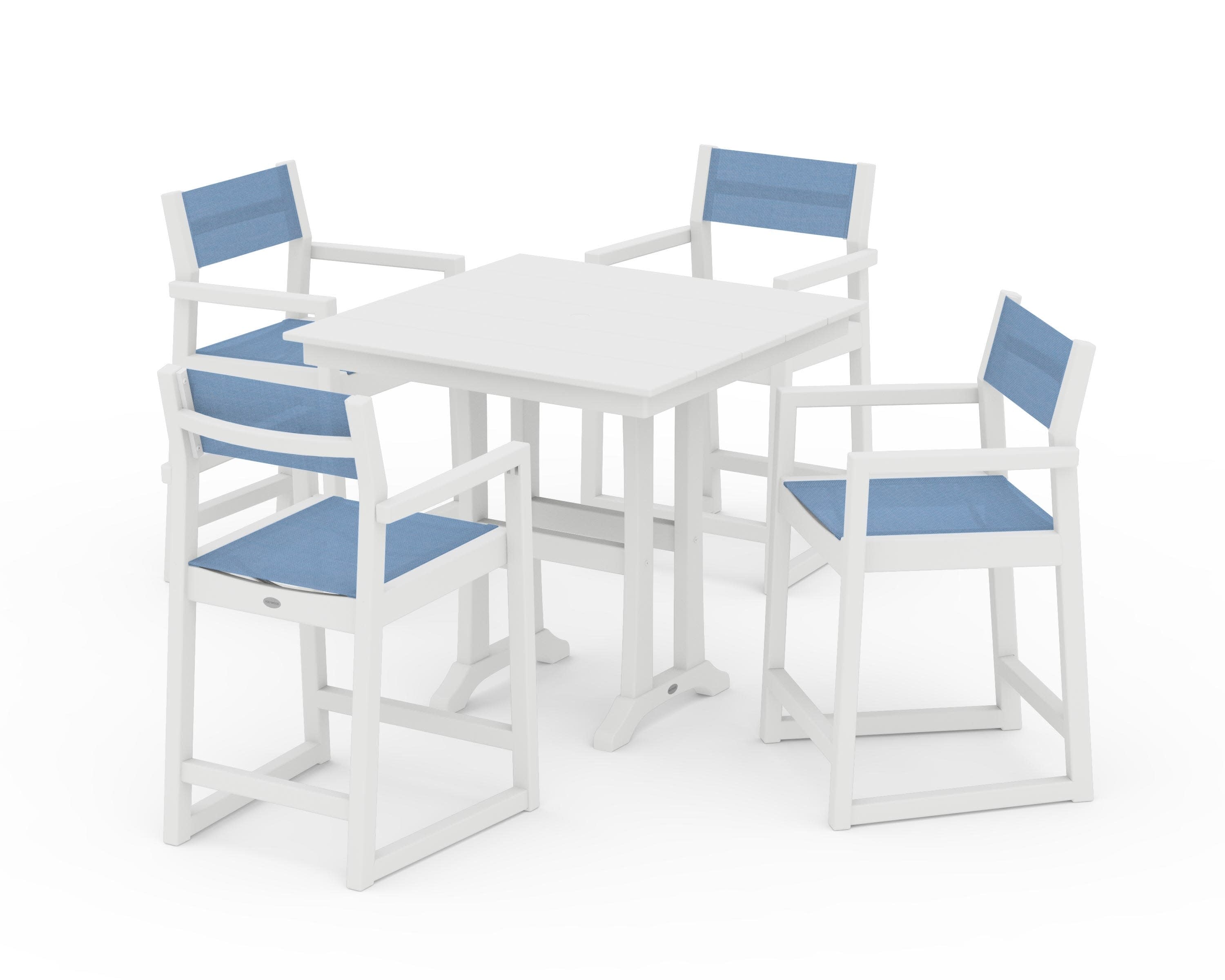 EDGE Sling Arm Chair 5-Piece Farmhouse Counter Set with Trestle Legs in White / Poolside Sling