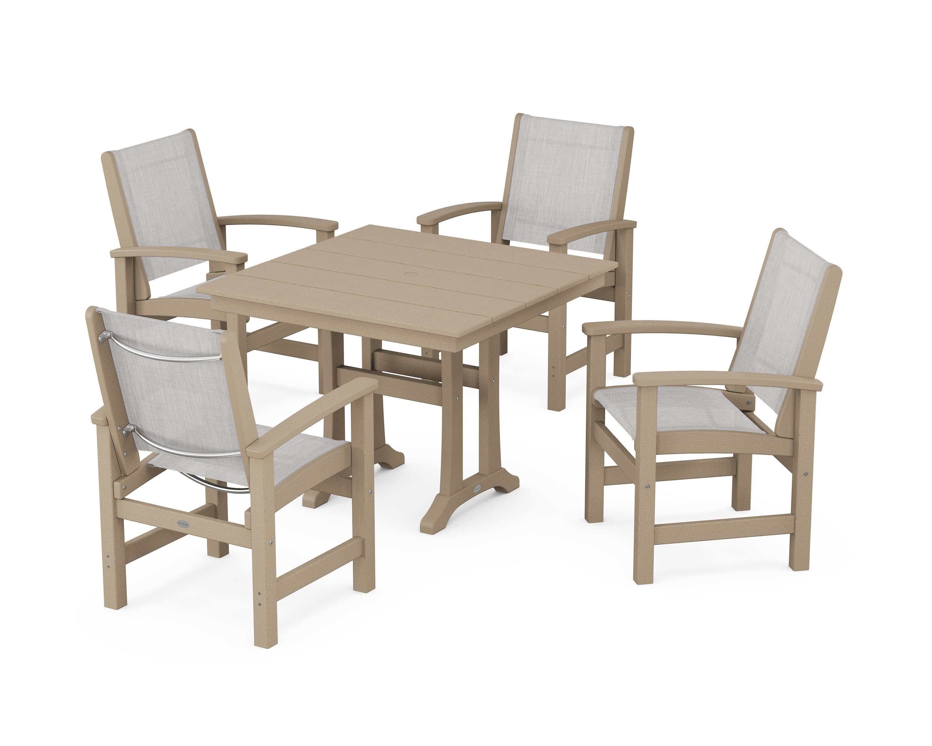 Coastal 5-Piece Farmhouse Dining Set With Trestle Legs in Vintage Sahara / Parchment Sling