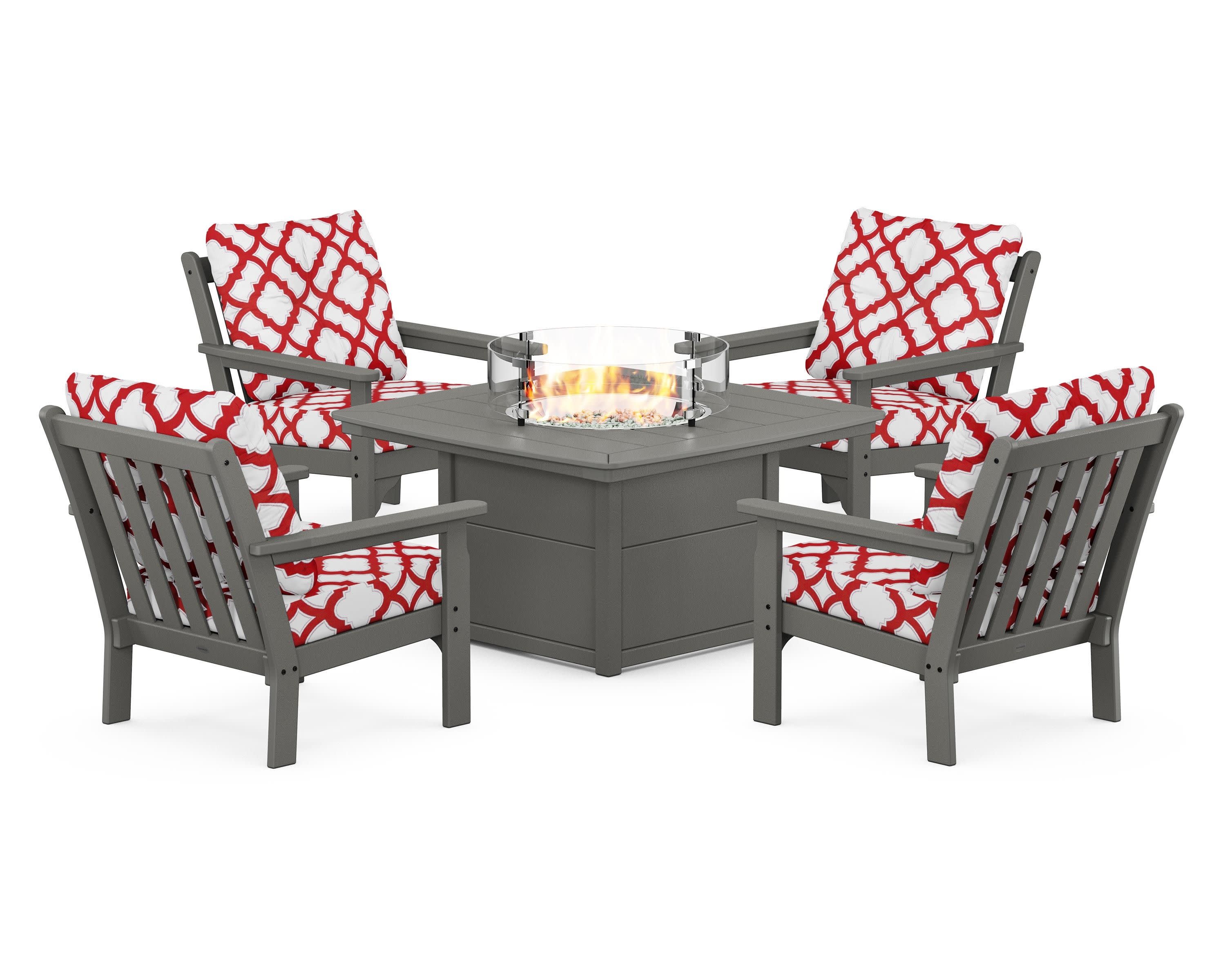 Vineyard 5-Piece Conversation Set with Fire Pit Table in Slate Grey / Trellis Crimson