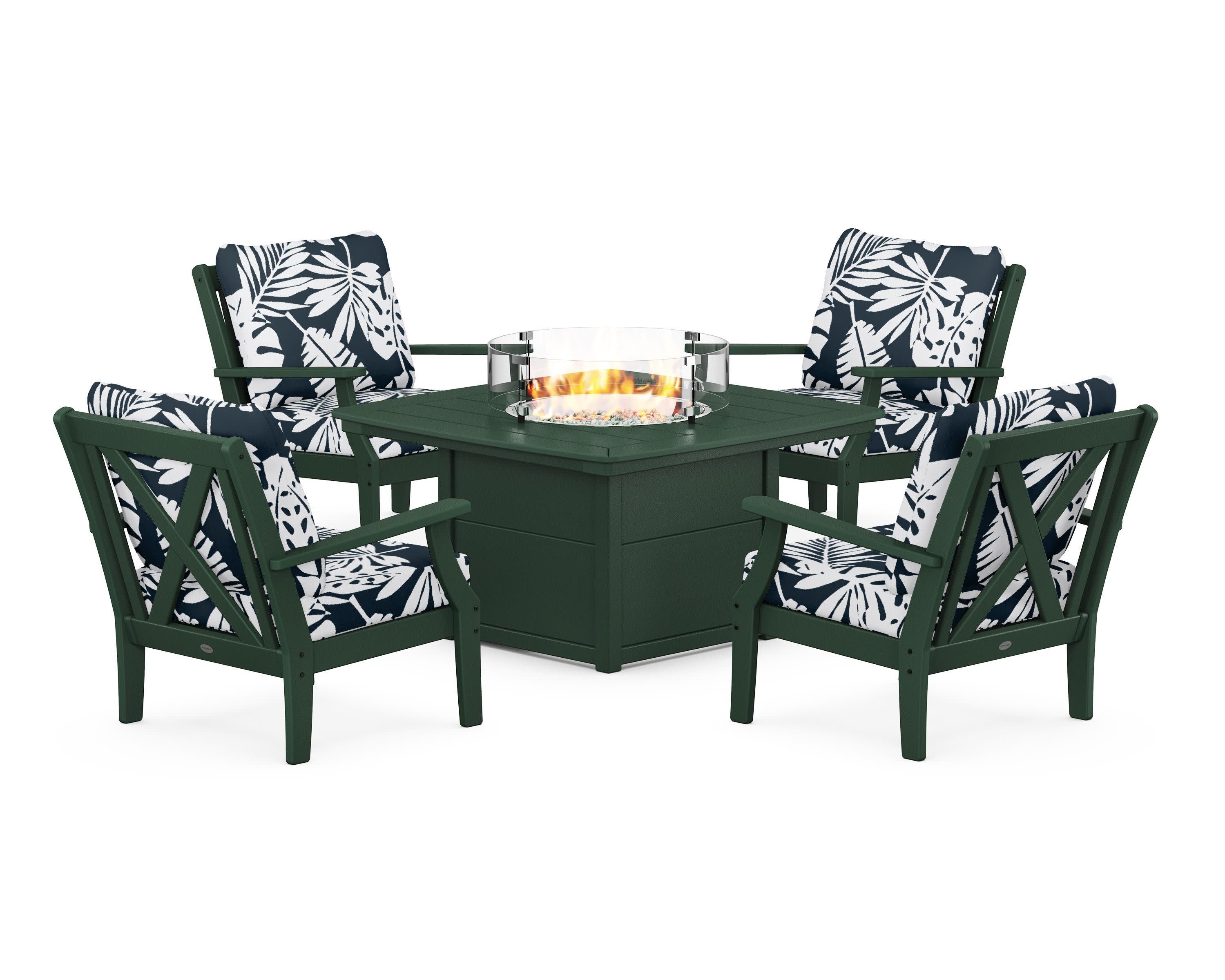 Braxton 5-Piece Deep Seating Conversation Set with Fire Pit Table in Green / Leaf Marine Indigo