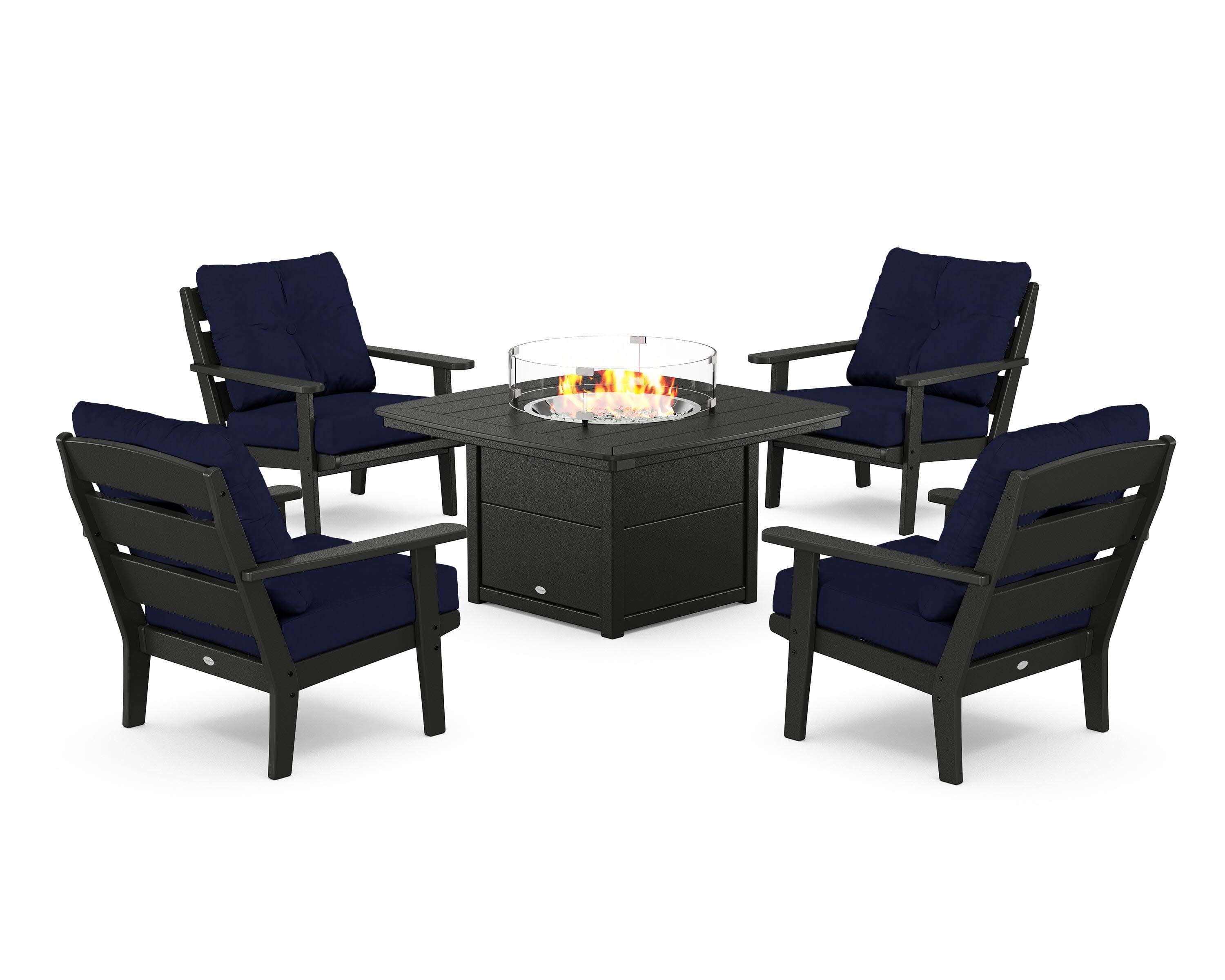 Lakeside 5-Piece Deep Seating Set with Nautical Fire Pit Table in Black / Navy