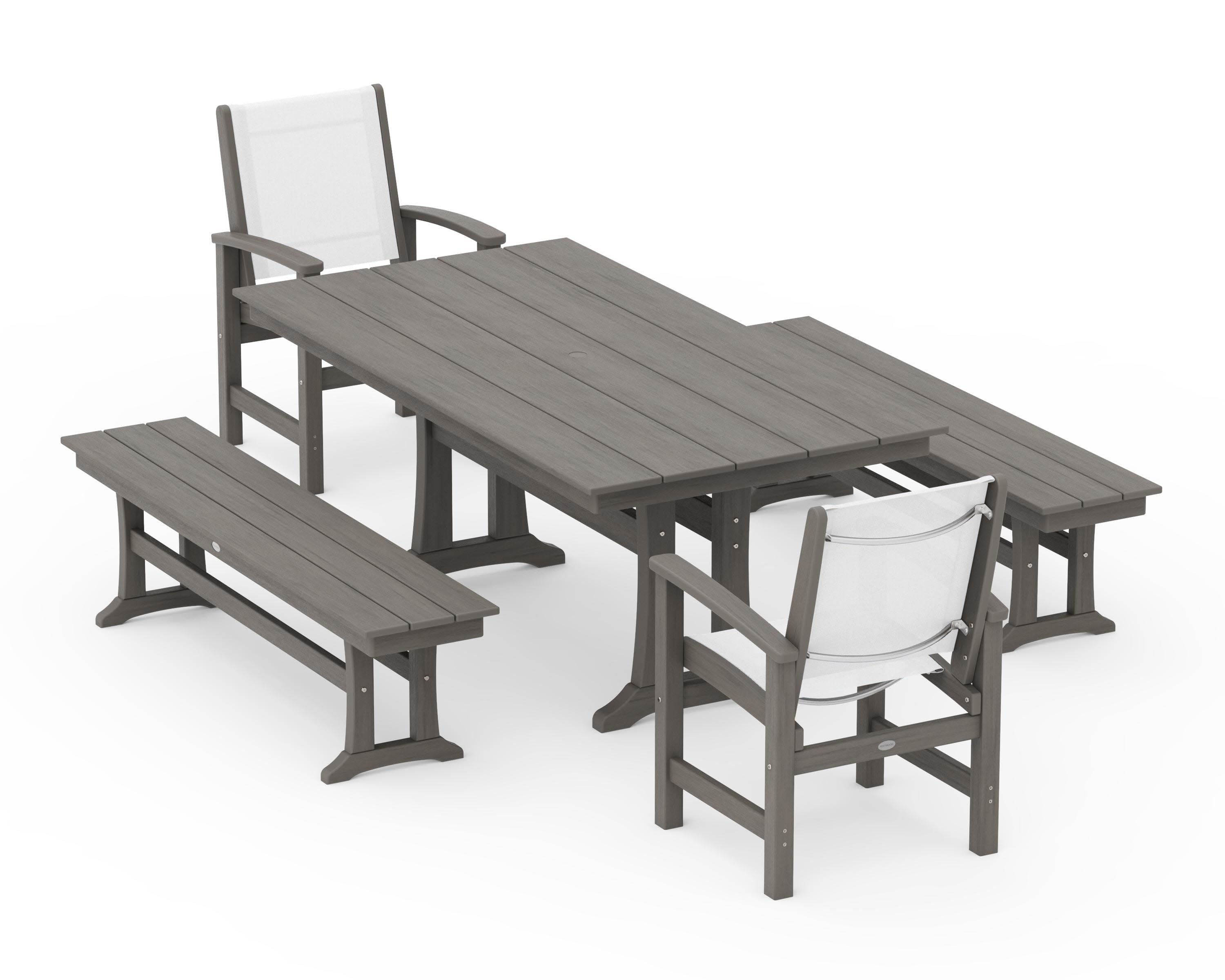 Coastal 5-Piece Farmhouse Dining Set with Trestle Legs and Benches in Driftwood / White Sling