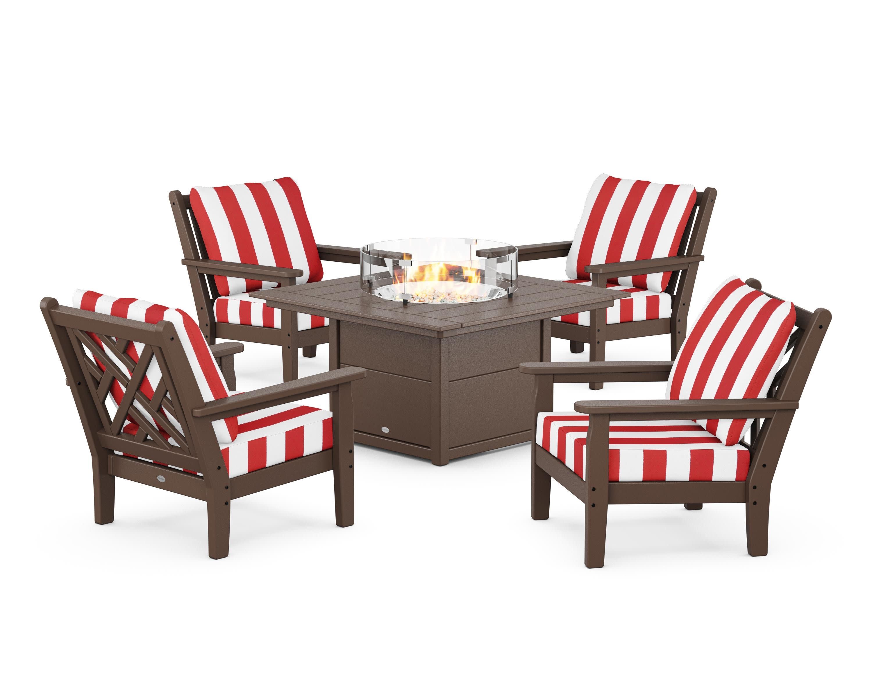Chippendale 5-Piece Deep Seating Set with Fire Pit Table in Mahogany / Cabana Stripe Crimson