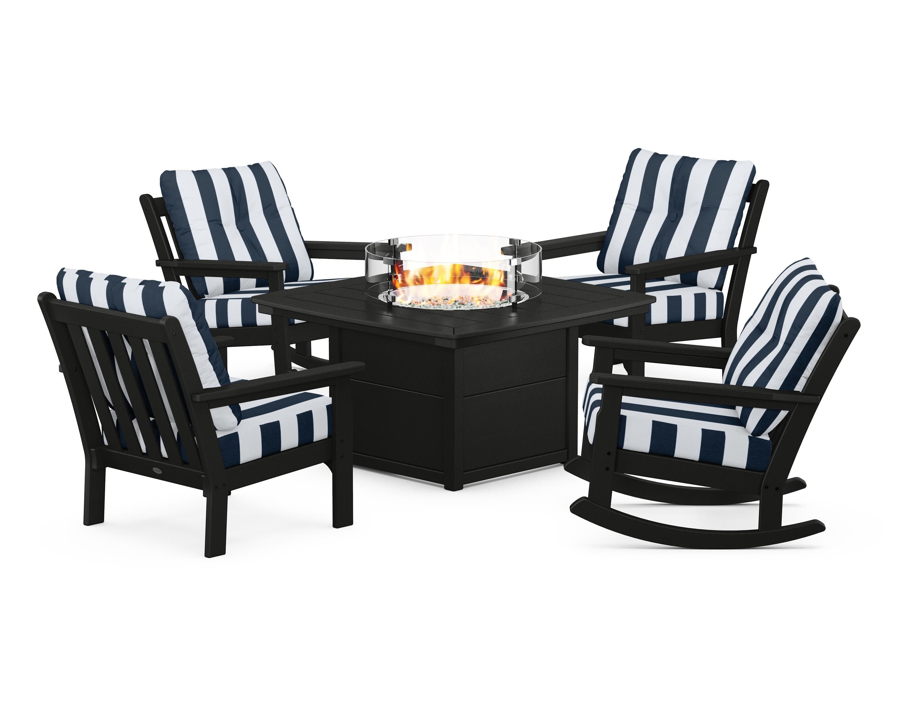 Vineyard 5-Piece Deep Seating Rocking Chair Conversation Set with Fire Pit Table in Black / Cabana Stripe Marine Indigo