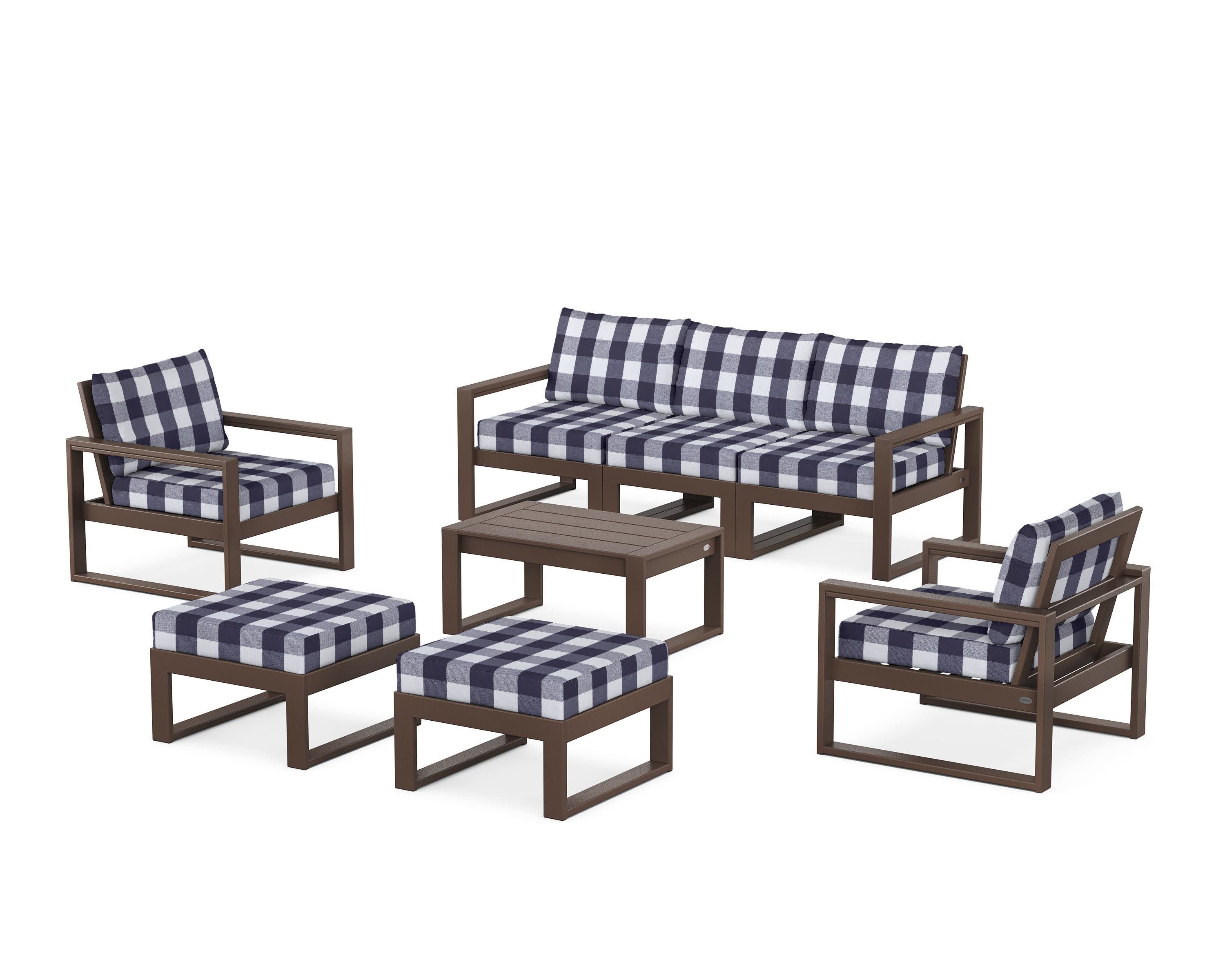 EDGE Sectional 8-Piece Lounge Sofa Set in Mahogany / Buffalo Plaid Navy