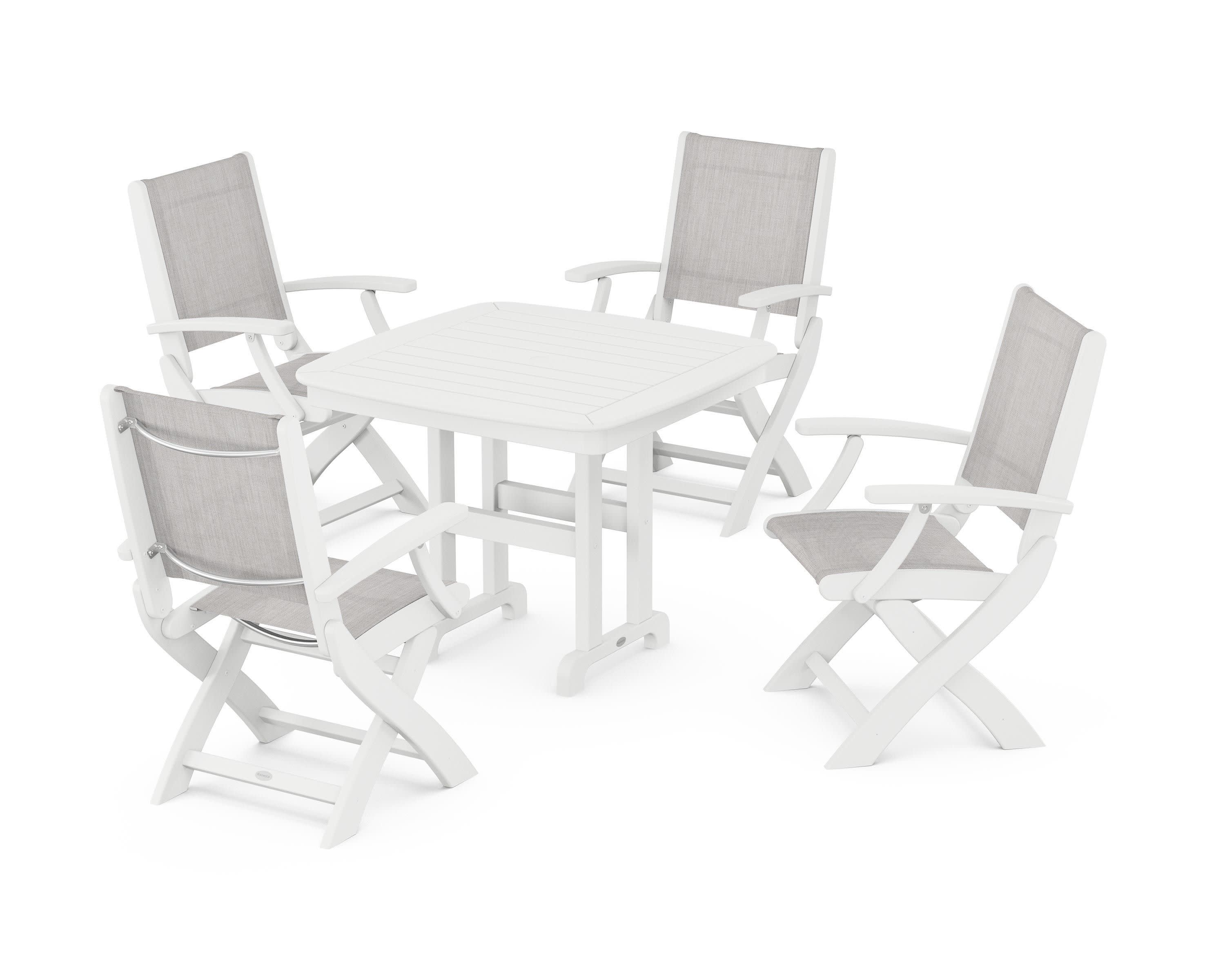 Coastal Folding Chair 5-Piece Dining Set in White / Parchment Sling