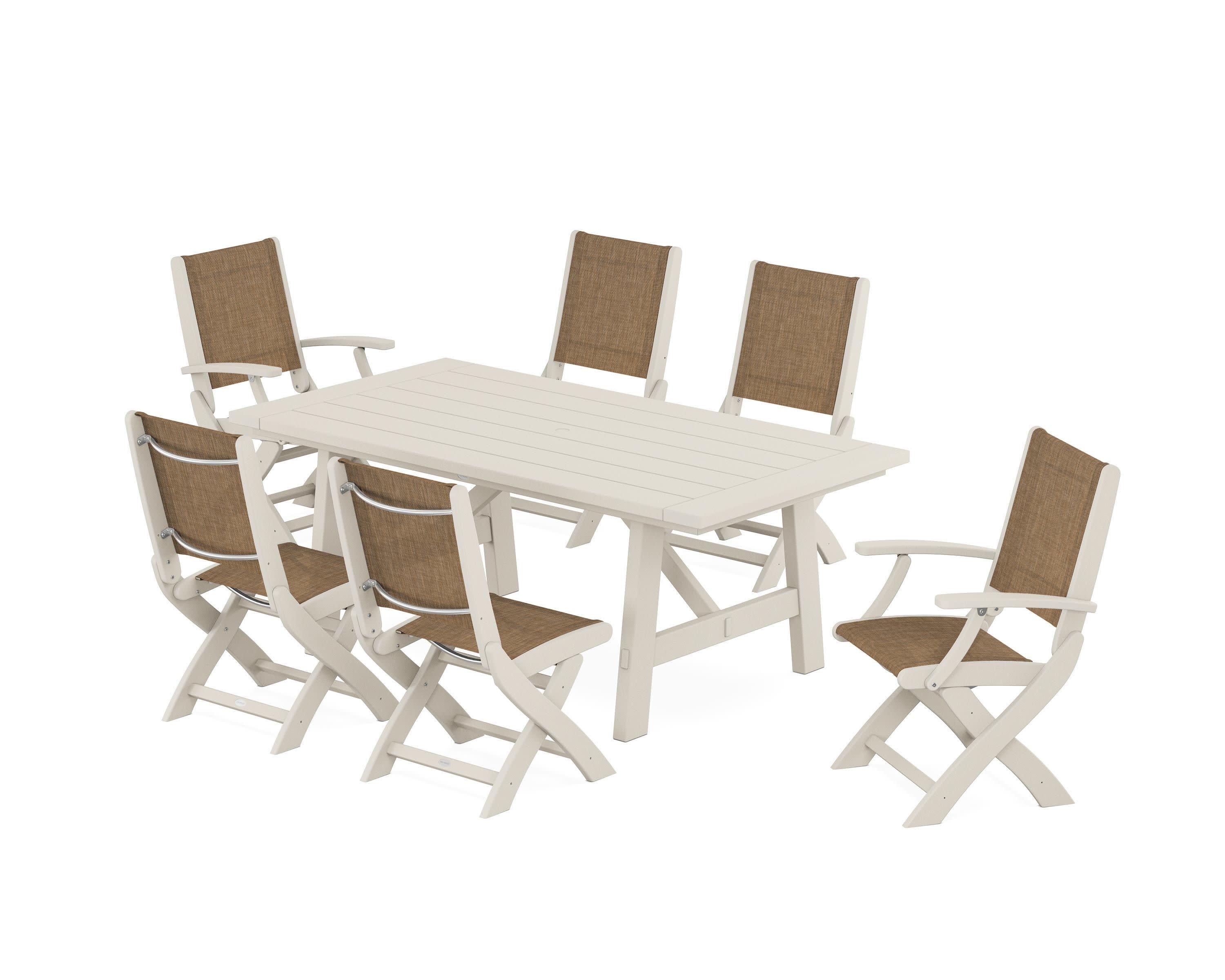 Coastal Folding Chair 7-Piece Rustic Farmhouse Dining Set in Sand / Burlap Sling