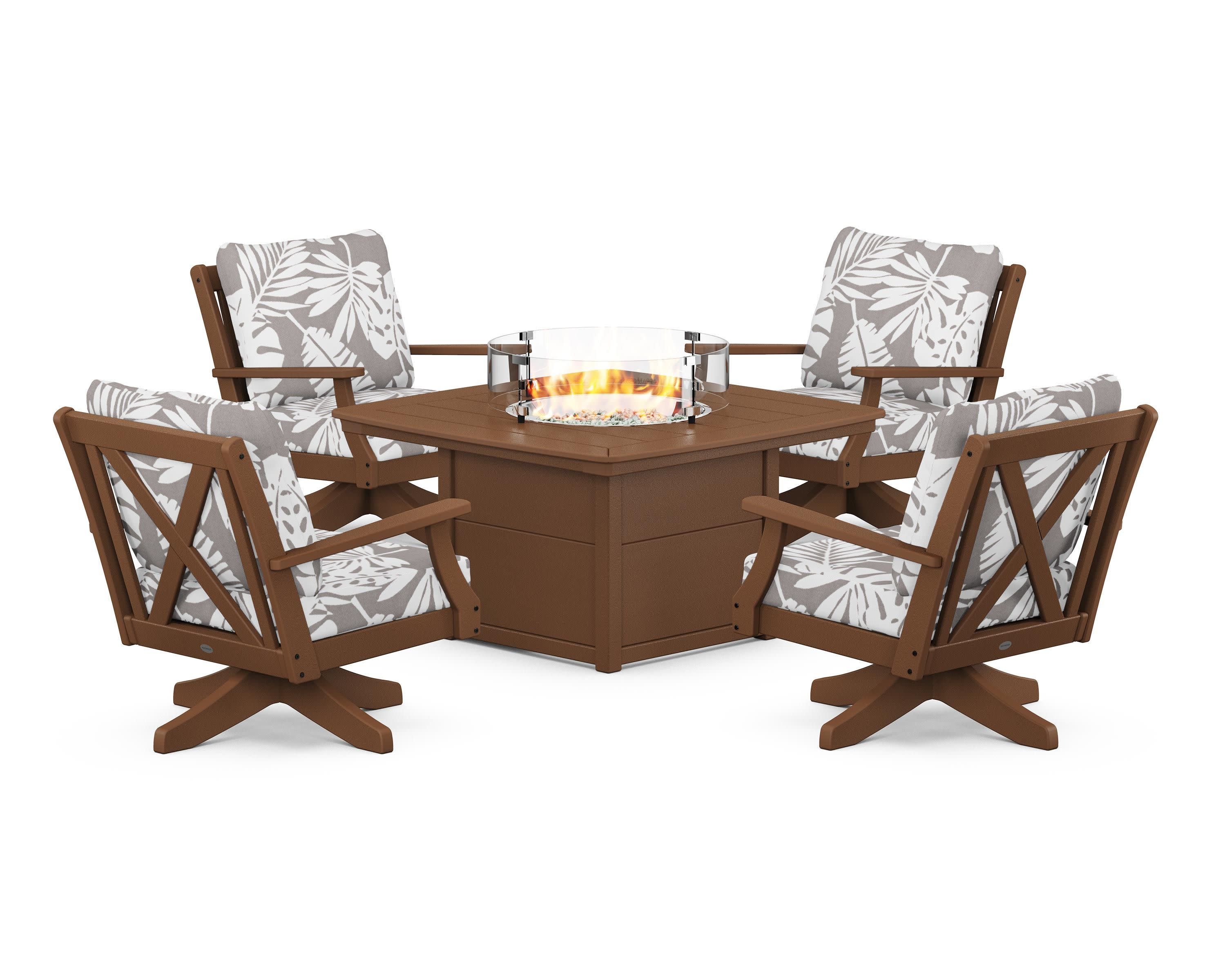 Braxton 5-Piece Deep Seating Swivel Conversation Set with Fire Pit Table in Teak / Leaf Grey Mist