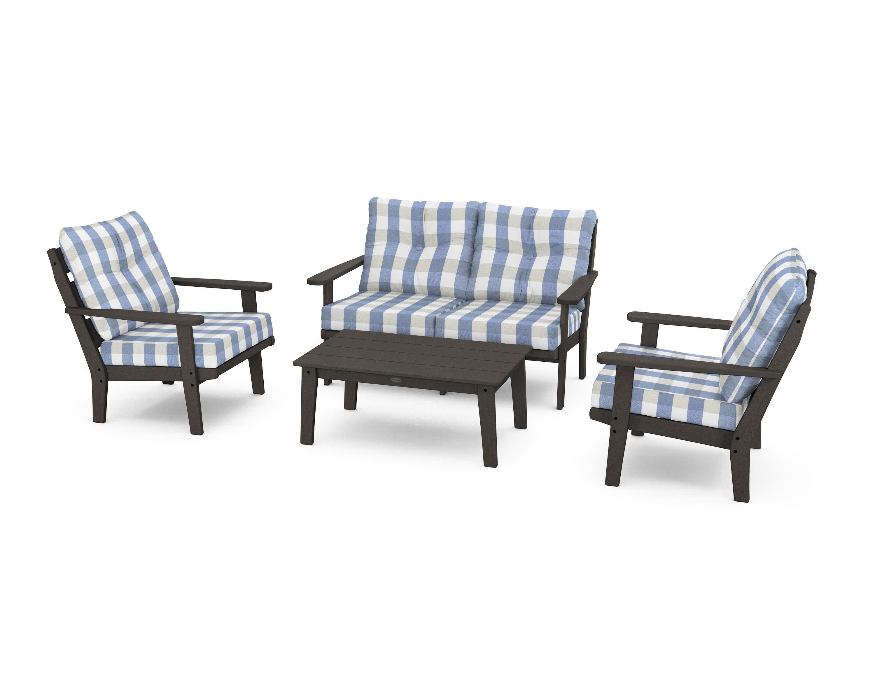 Lakeside 4-Piece Deep Seating Set in Vintage Coffee / Buffalo Plaid Sky Blue