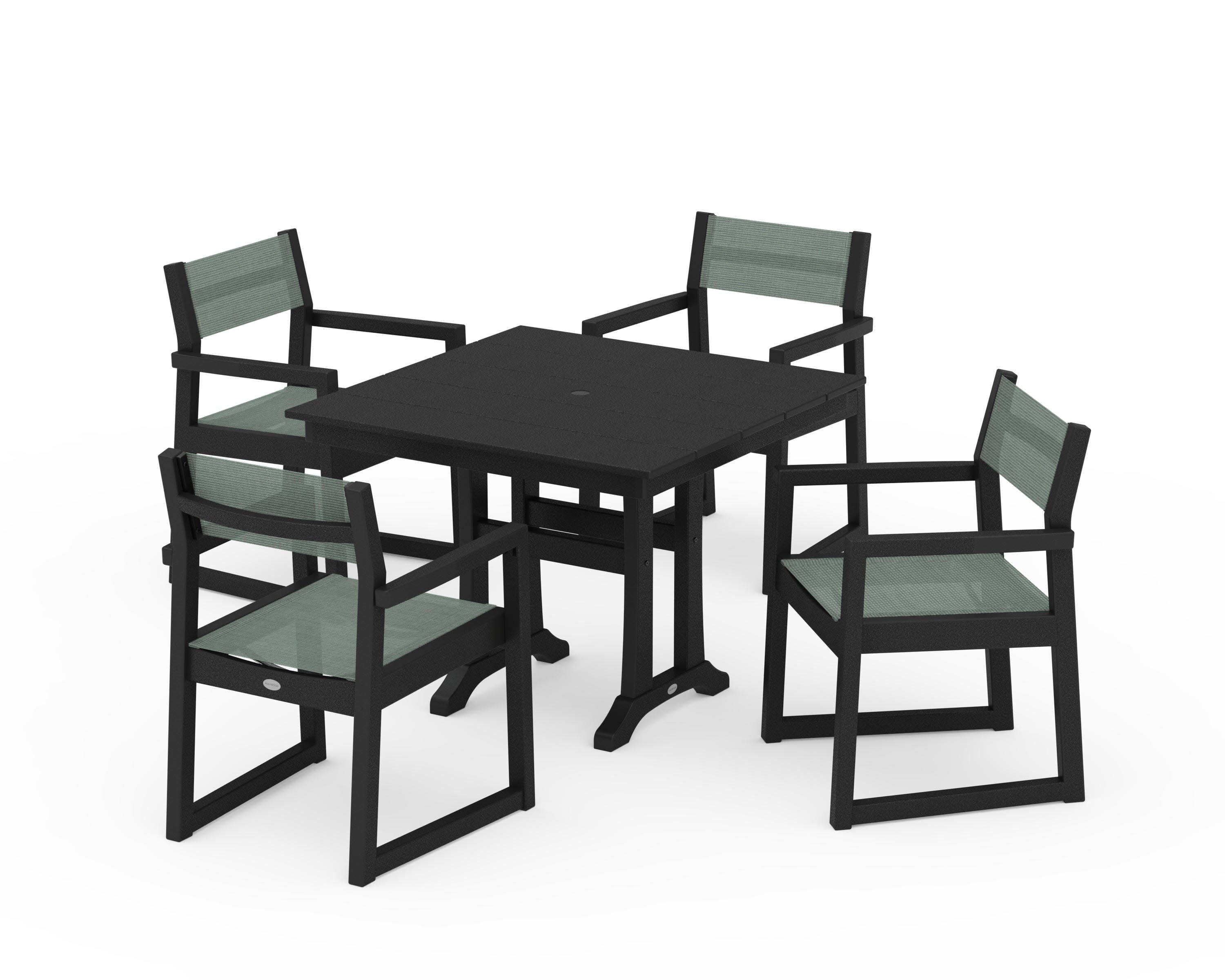 EDGE Sling 5-Piece Farmhouse Dining Set with Trestle Legs in Black / Dupioni Sea Mist Sling