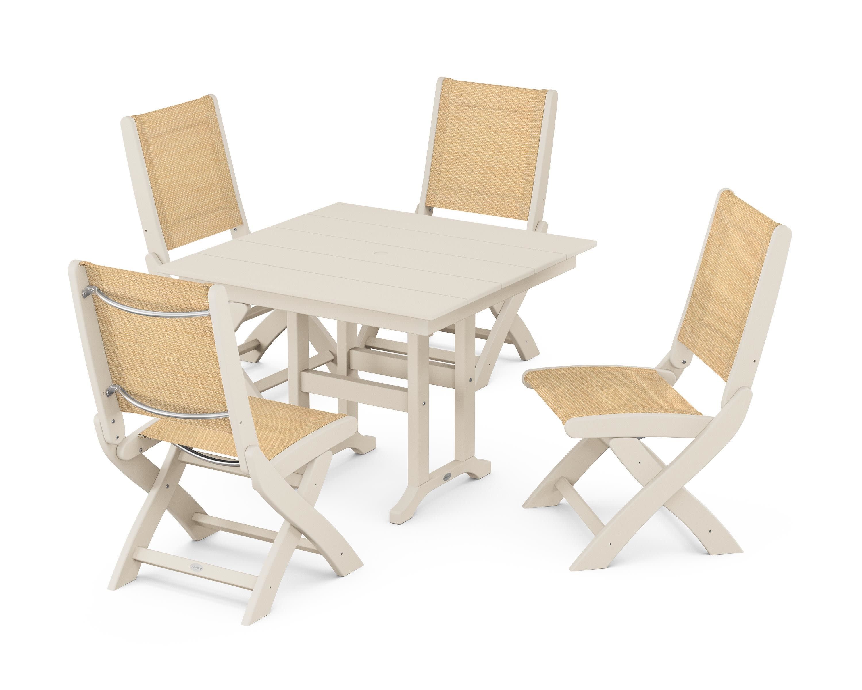 Coastal Folding Side Chair 5-Piece Farmhouse Dining Set in Sand / Dupioni Apricot Sling