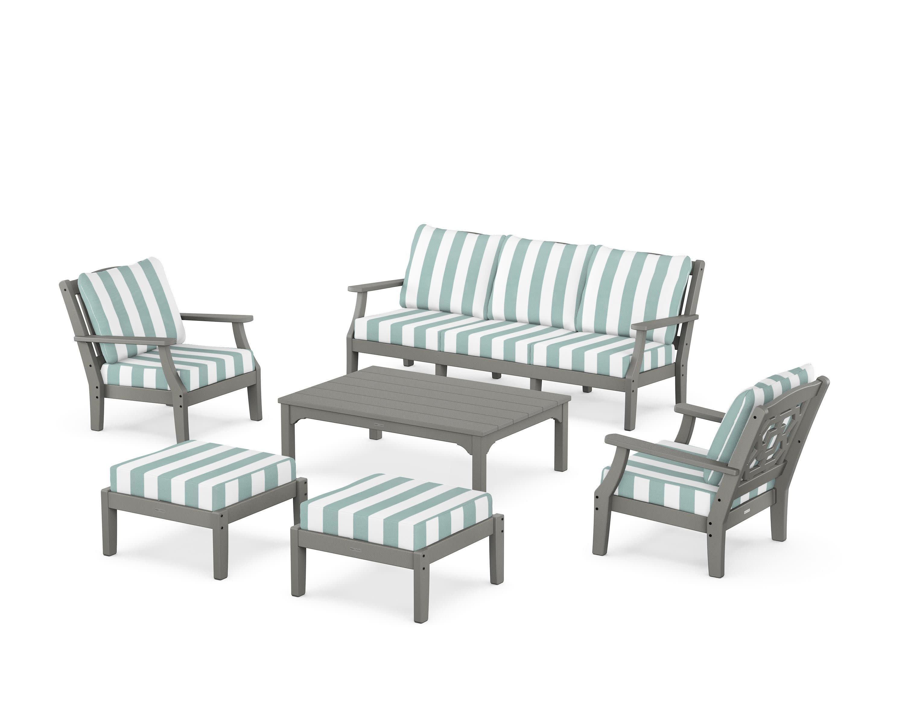 Chinoiserie 6-Piece Lounge Sofa Set in Slate Grey / Cabana Stripe Glacier Spa