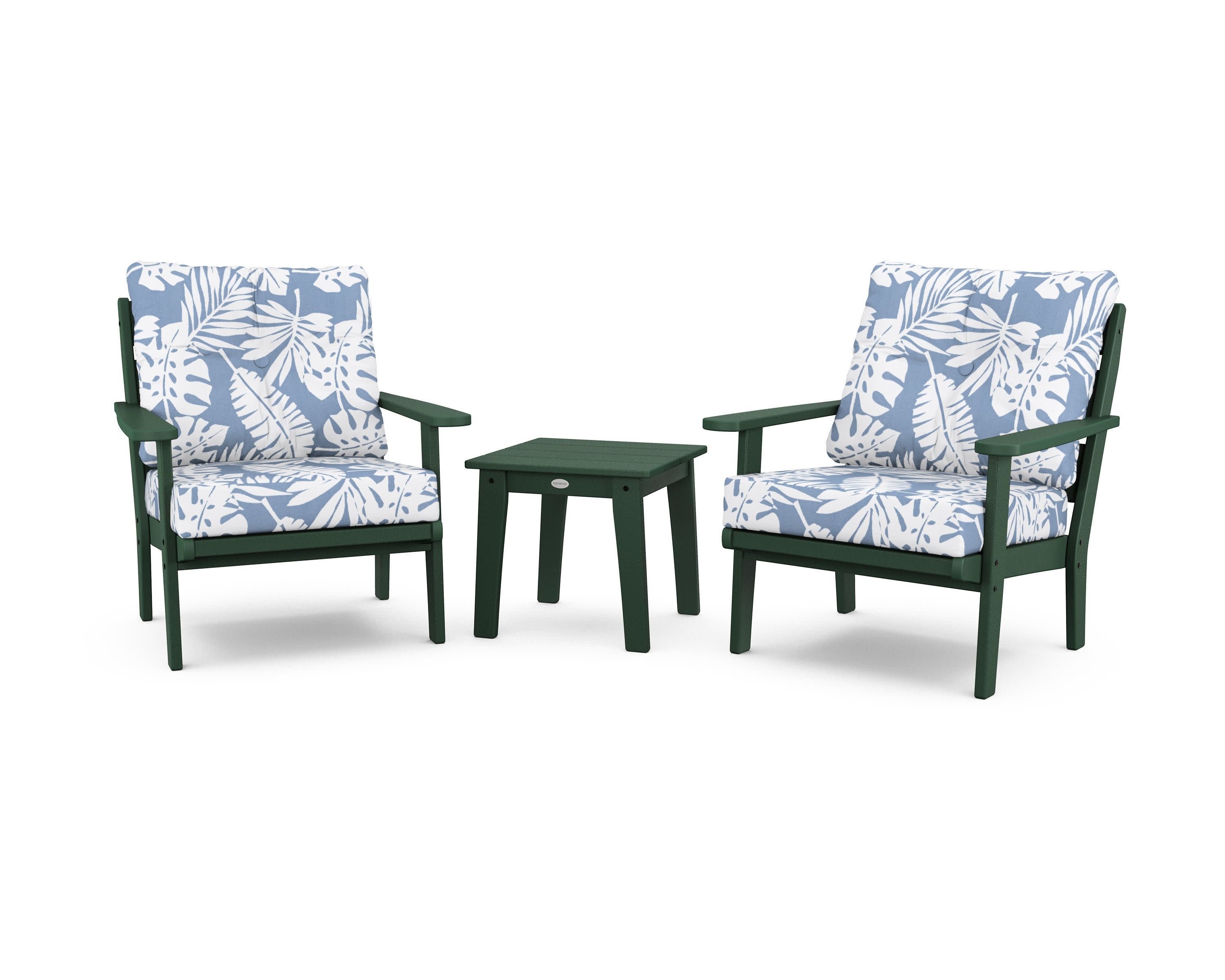 Lakeside 3-Piece Deep Seating Chair Set in Green / Leaf Sky Blue