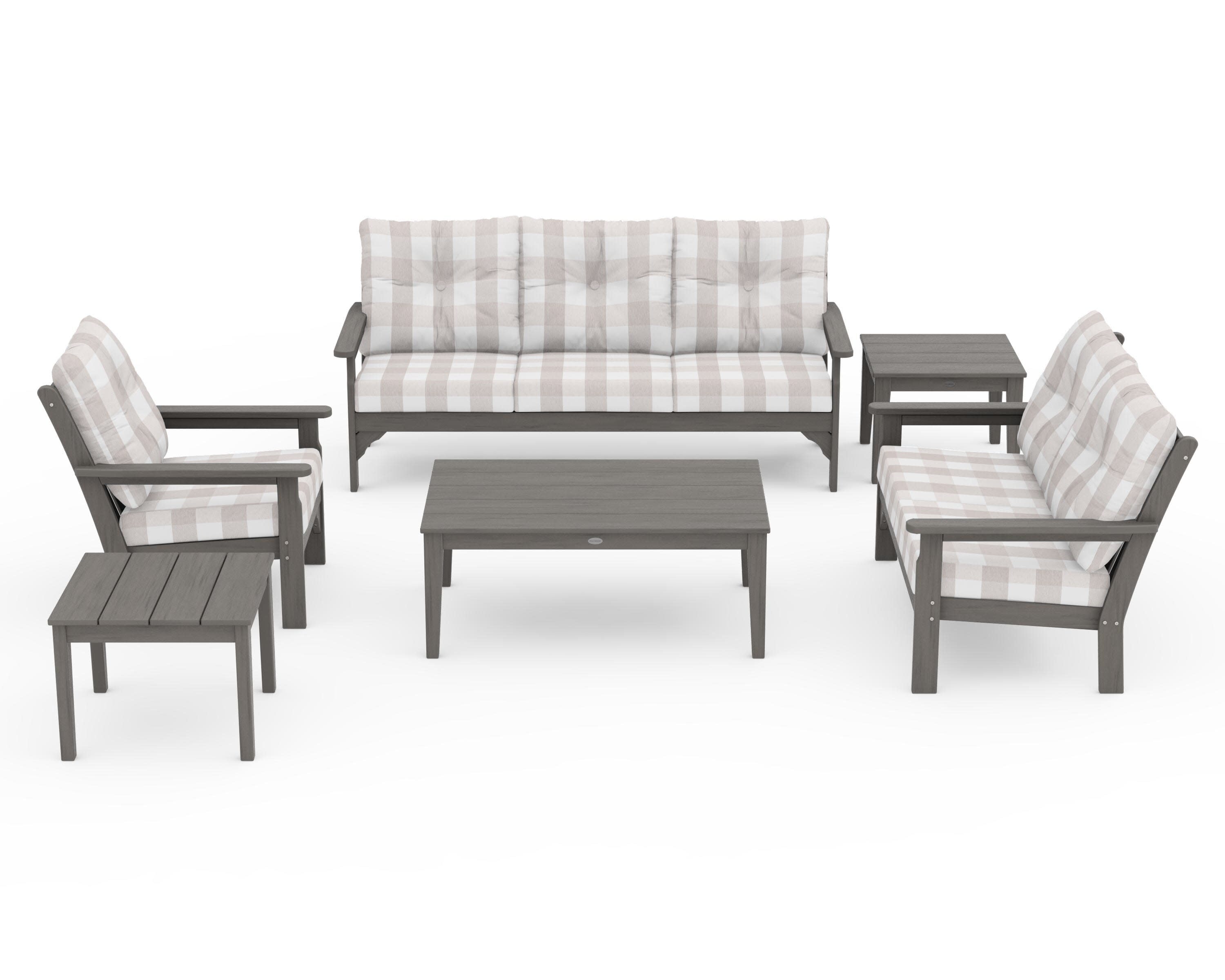 Vineyard 6-Piece Deep Seating Set in Driftwood / Buffalo Plaid Dune Burlap