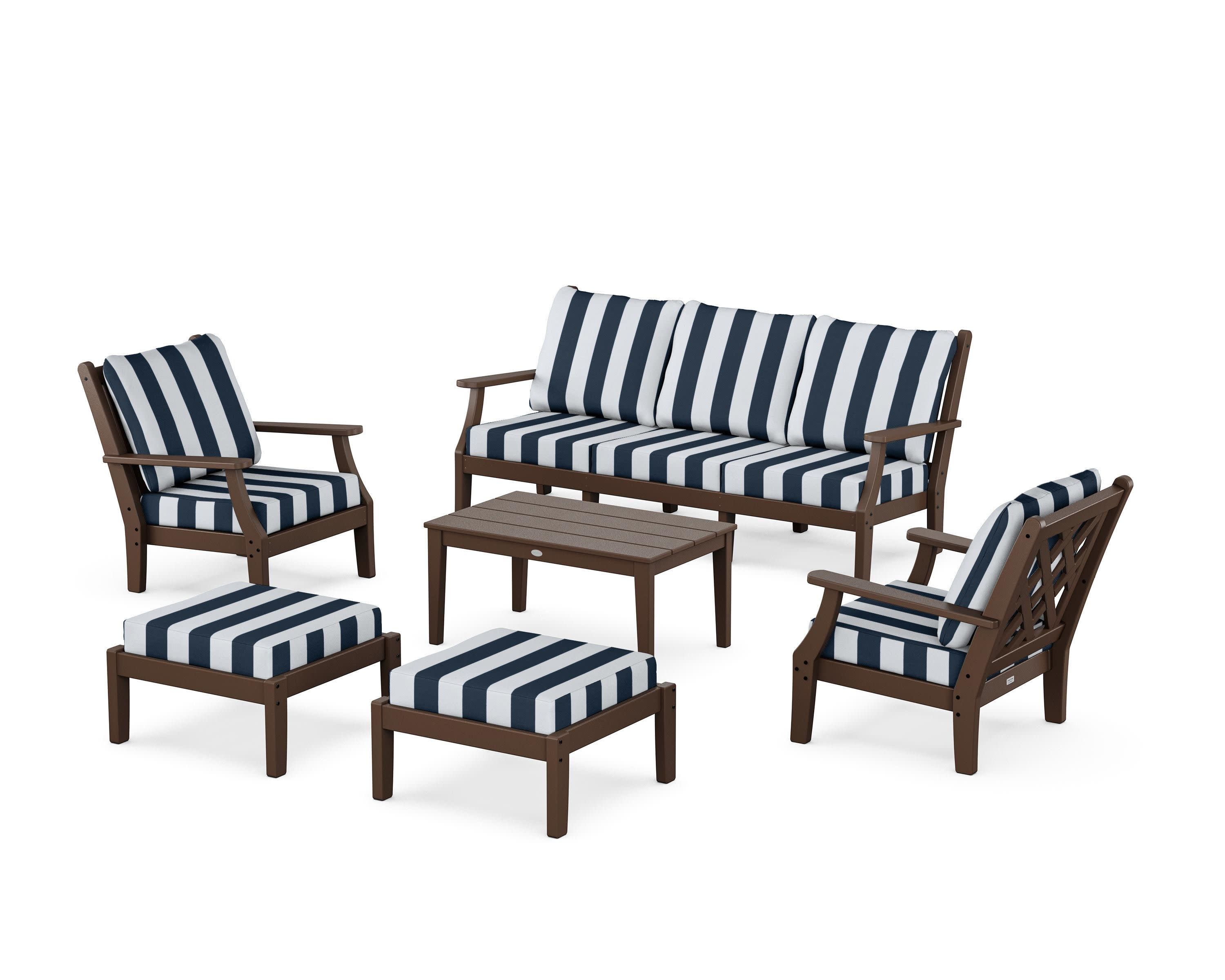 Wovendale 6-Piece Lounge Sofa Set in Mahogany / Cabana Stripe Marine Indigo