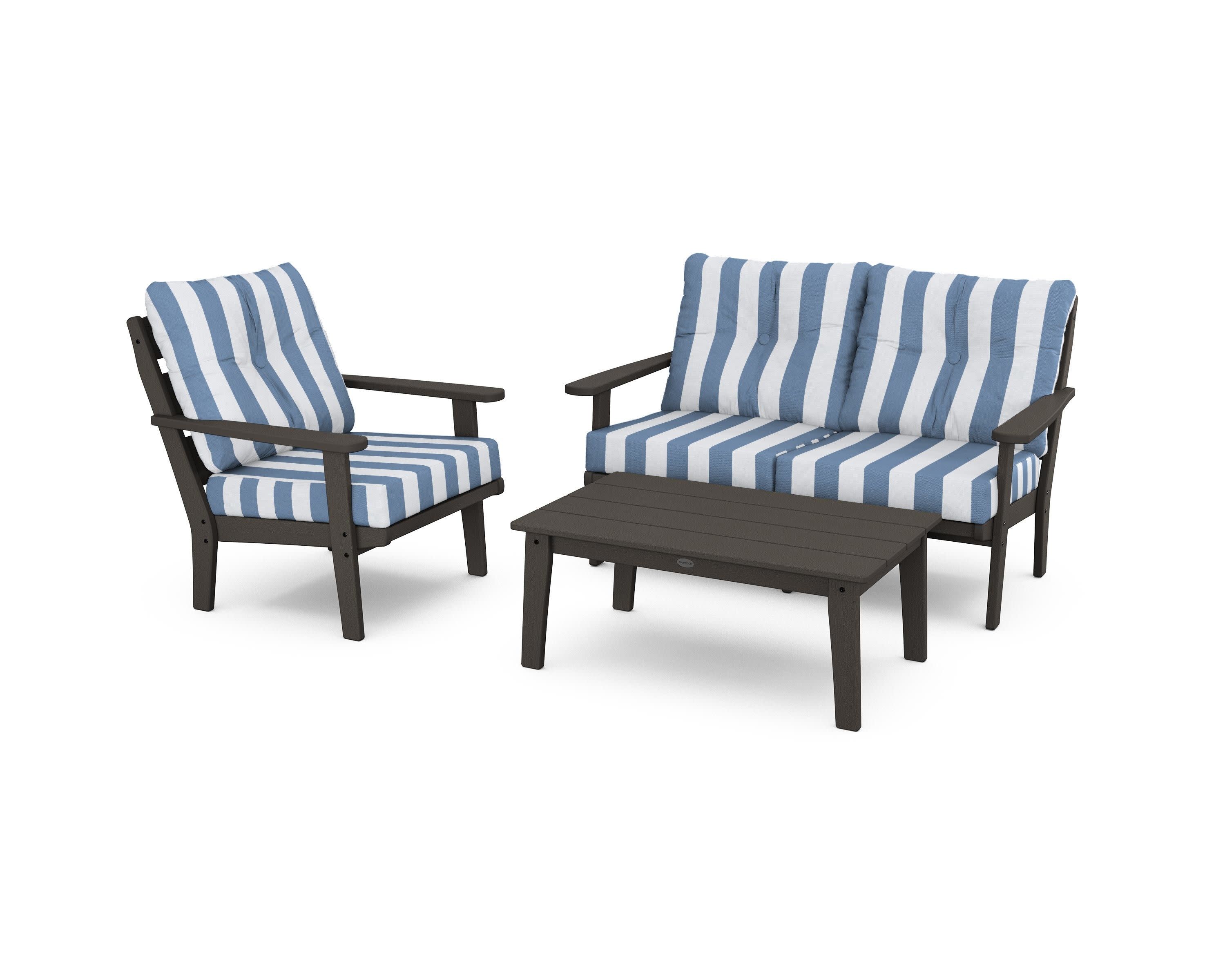 Lakeside 3-Piece Deep Seating Set in Vintage Coffee / Cabana Stripe Sky Blue